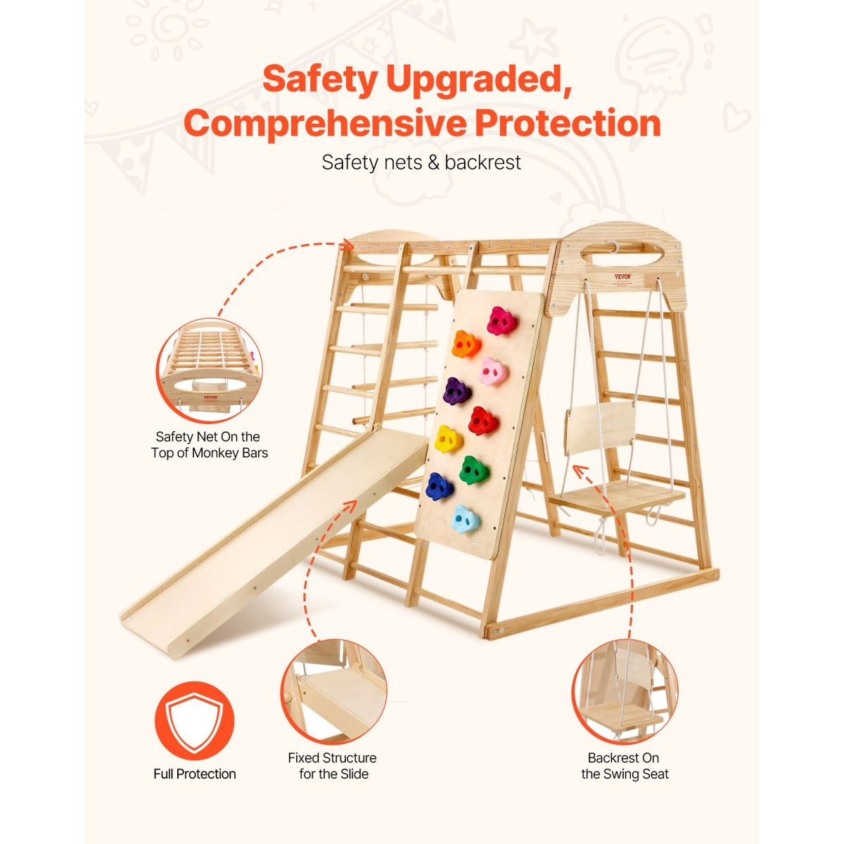 VEVOR Indoor Jungle Gym, 7-σε-1 Παιδική χαρά εσωτερικού χώρου, 120 x 147 x 142 cm, με σκάλα ξύλου και σχοινιού, σκάλα δίχτυ, κούνια, πιθήκου μπαρ, τσουλήθρα, τοίχο αναρρίχησης, ξύλινα παιχνίδια αναρρίχησης εσωτερικού χώρου για παιδιά