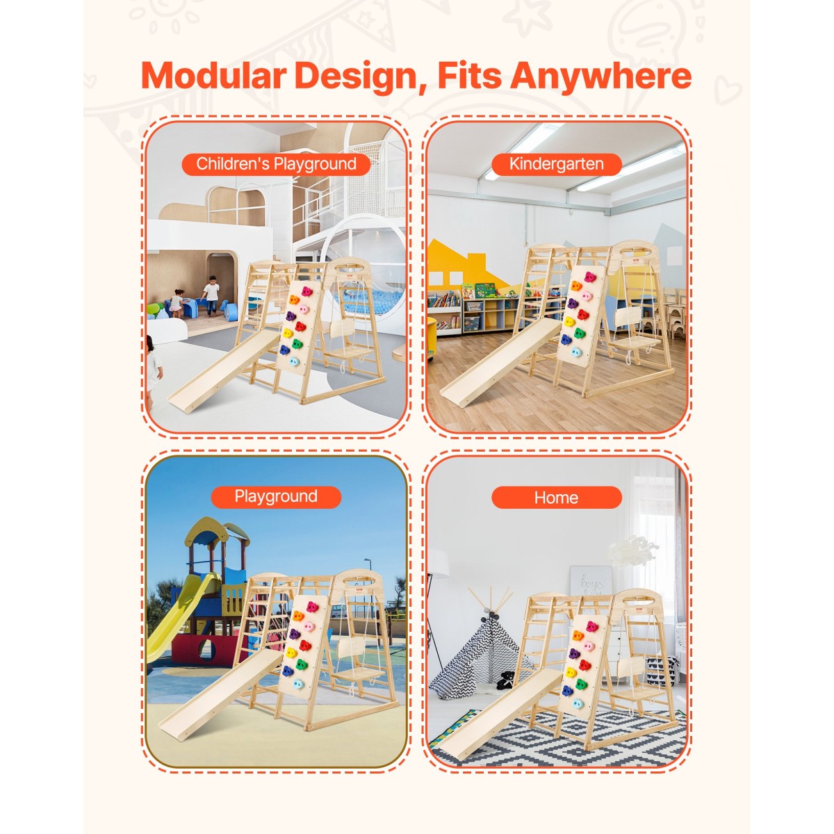 VEVOR Indoor Jungle Gym, 7-σε-1 Παιδική χαρά εσωτερικού χώρου, 120 x 147 x 142 cm, με σκάλα ξύλου και σχοινιού, σκάλα δίχτυ, κούνια, πιθήκου μπαρ, τσουλήθρα, τοίχο αναρρίχησης, ξύλινα παιχνίδια αναρρίχησης εσωτερικού χώρου για παιδιά