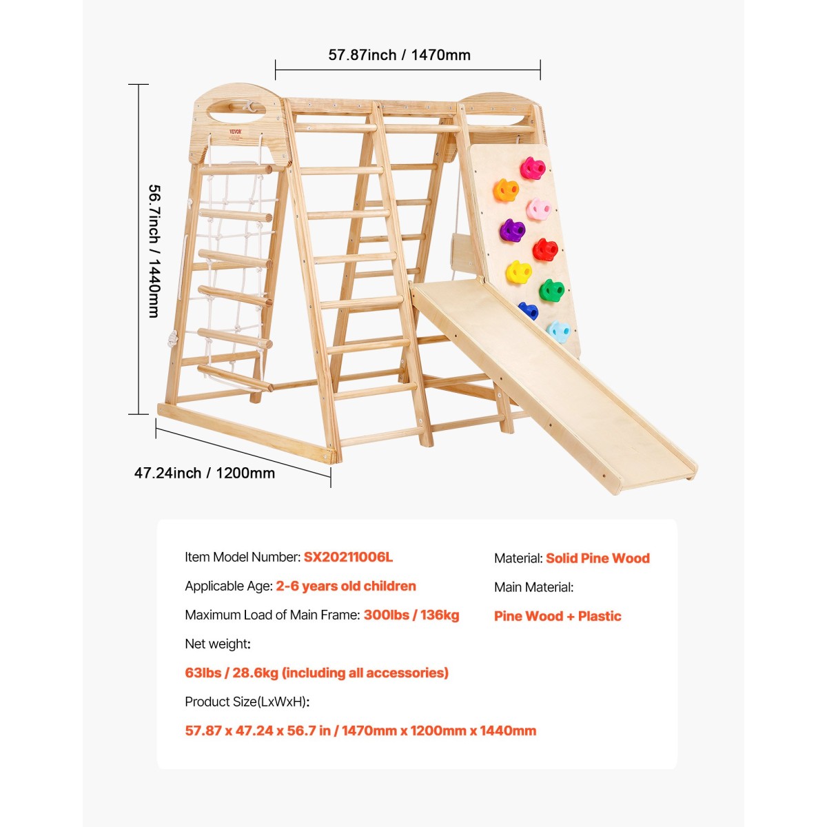 VEVOR Indoor Jungle Gym, 7-σε-1 Παιδική χαρά εσωτερικού χώρου, 120 x 147 x 142 cm, με σκάλα ξύλου και σχοινιού, σκάλα δίχτυ, κούνια, πιθήκου μπαρ, τσουλήθρα, τοίχο αναρρίχησης, ξύλινα παιχνίδια αναρρίχησης εσωτερικού χώρου για παιδιά
