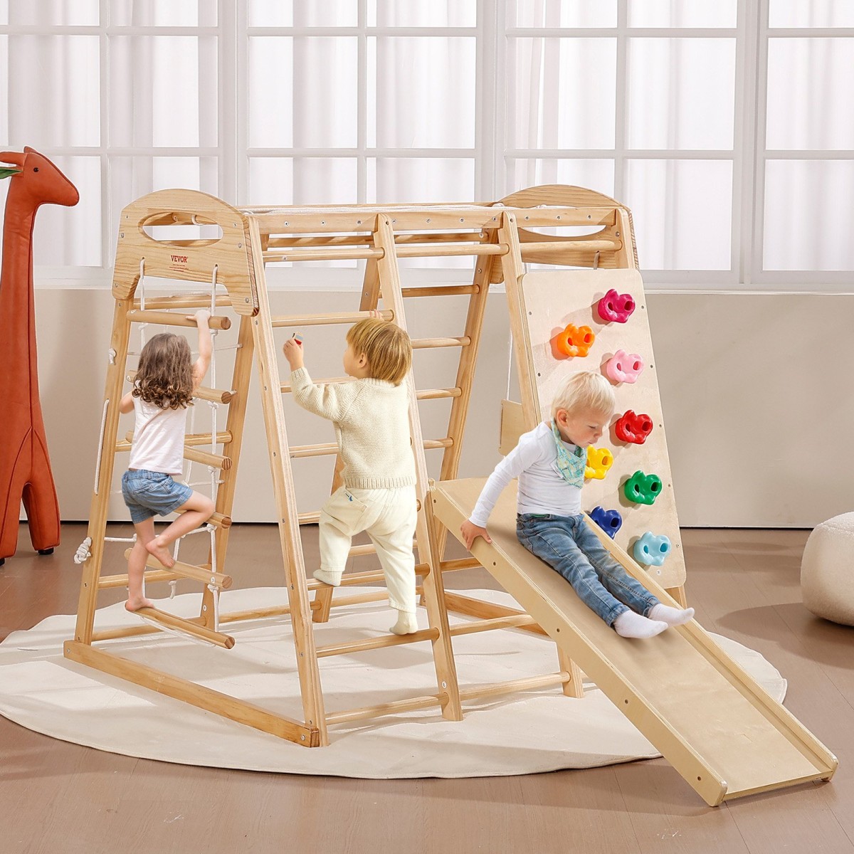 VEVOR Indoor Jungle Gym, 7-σε-1 Παιδική χαρά εσωτερικού χώρου, 120 x 147 x 142 cm, με σκάλα ξύλου και σχοινιού, σκάλα δίχτυ, κούνια, πιθήκου μπαρ, τσουλήθρα, τοίχο αναρρίχησης, ξύλινα παιχνίδια αναρρίχησης εσωτερικού χώρου για παιδιά