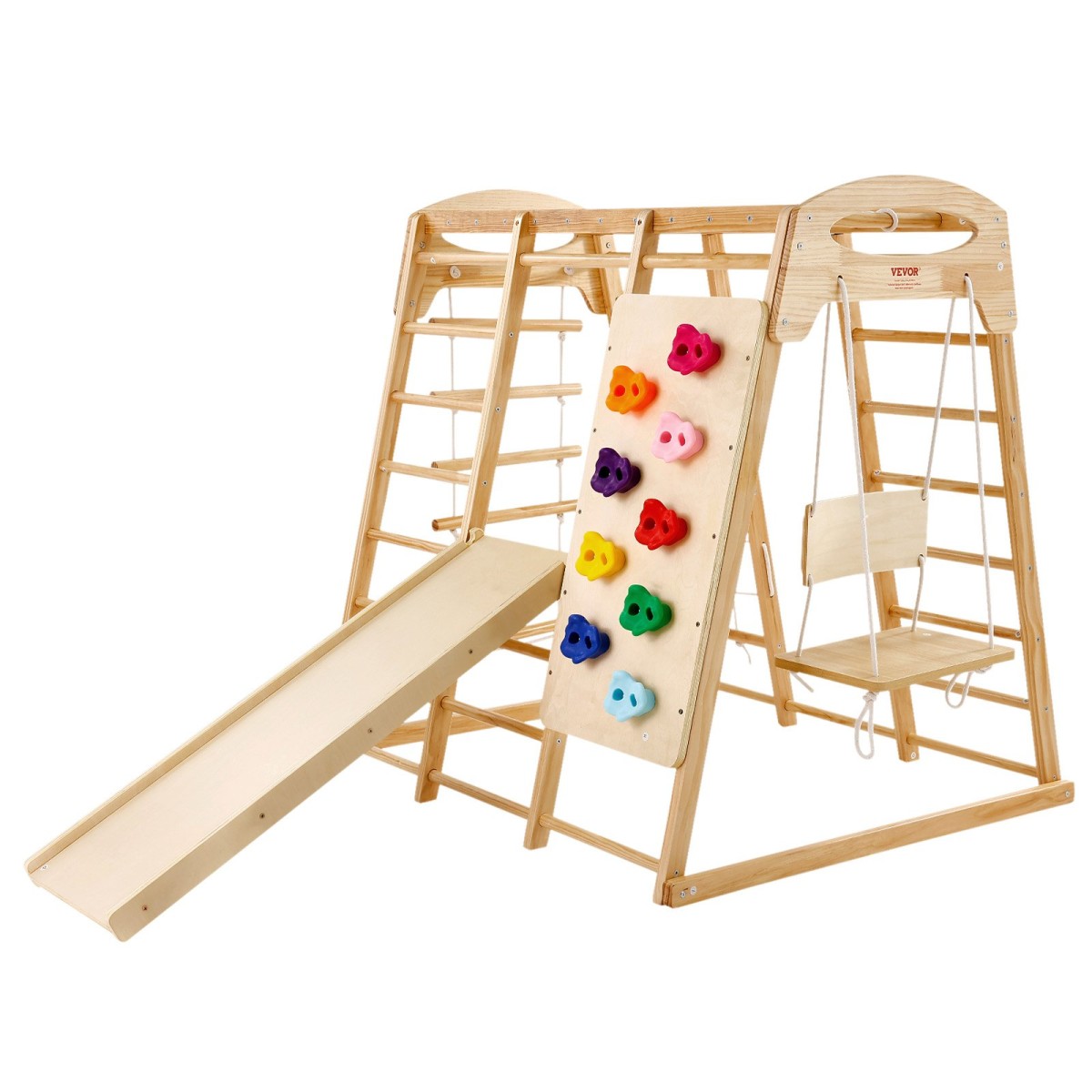 VEVOR Indoor Jungle Gym, 7-σε-1 Παιδική χαρά εσωτερικού χώρου, 120 x 147 x 142 cm, με σκάλα ξύλου και σχοινιού, σκάλα δίχτυ, κούνια, πιθήκου μπαρ, τσουλήθρα, τοίχο αναρρίχησης, ξύλινα παιχνίδια αναρρίχησης εσωτερικού χώρου για παιδιά