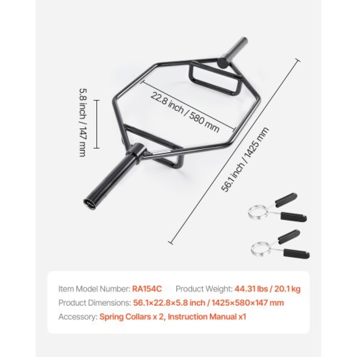 VEVOR Trap Bar Hex Bar, 50mm Hex Barbell, 360 kg Χωρητικότητα Μπάρες ώμου με γωνιώδεις λαβές, Εξοπλισμός προπόνησης άρσης βαρών και δύναμης, γυμναστήριο στο σπίτι για squats, Deadlifts, πρέσες ώμων, μαύρο