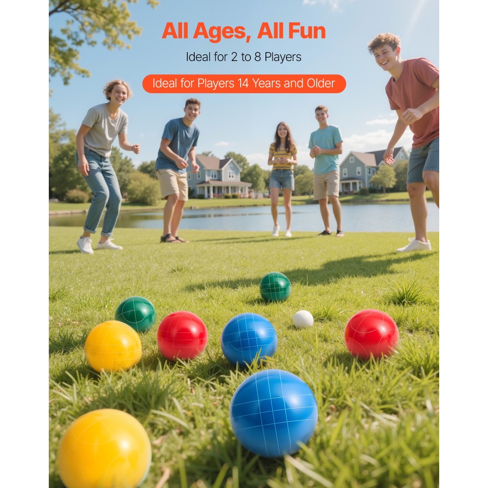 Σετ μπάλες VEVOR Bocce, 107 χλστ., με 8 μπάλες ρητίνης, Pallino, τσάντα μεταφοράς και σχοινί μέτρησης, Κόκκινο/Πράσινο/Μπλε/Κίτρινο 4 Χρώματα, για 2 έως 8 Παίκτες, Σετ παιχνιδιών Bocce Ball για παραλία, γρασίδι, οικογενειακή αυλή