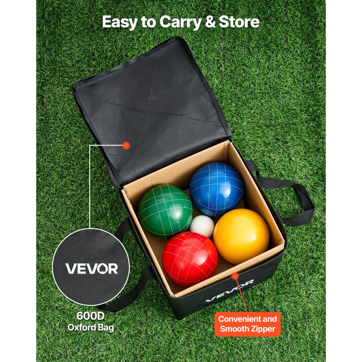 Σετ μπάλες VEVOR Bocce, 107 χλστ., με 8 μπάλες ρητίνης, Pallino, τσάντα μεταφοράς και σχοινί μέτρησης, Κόκκινο/Πράσινο/Μπλε/Κίτρινο 4 Χρώματα, για 2 έως 8 Παίκτες, Σετ παιχνιδιών Bocce Ball για παραλία, γρασίδι, οικογενειακή αυλή