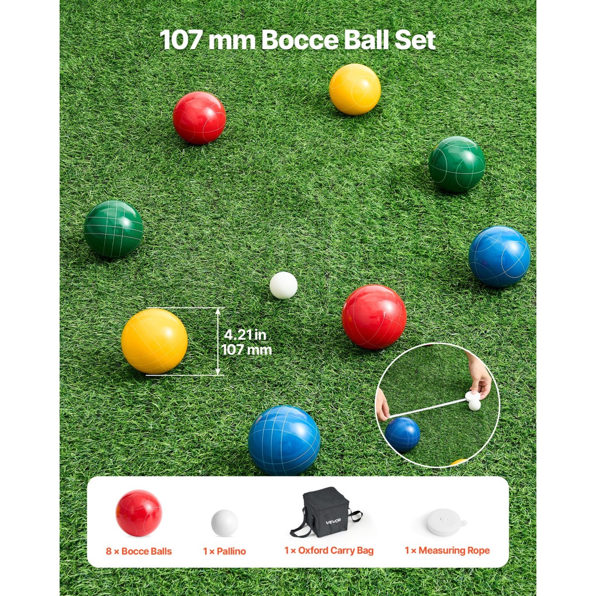 Σετ μπάλες VEVOR Bocce, 107 χλστ., με 8 μπάλες ρητίνης, Pallino, τσάντα μεταφοράς και σχοινί μέτρησης, Κόκκινο/Πράσινο/Μπλε/Κίτρινο 4 Χρώματα, για 2 έως 8 Παίκτες, Σετ παιχνιδιών Bocce Ball για παραλία, γρασίδι, οικογενειακή αυλή