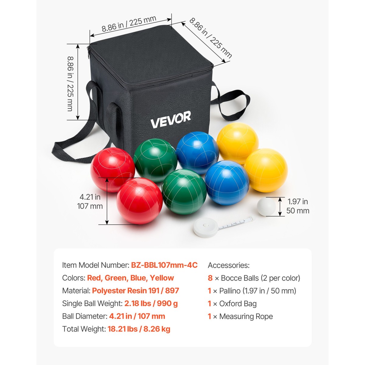 Σετ μπάλες VEVOR Bocce, 107 χλστ., με 8 μπάλες ρητίνης, Pallino, τσάντα μεταφοράς και σχοινί μέτρησης, Κόκκινο/Πράσινο/Μπλε/Κίτρινο 4 Χρώματα, για 2 έως 8 Παίκτες, Σετ παιχνιδιών Bocce Ball για παραλία, γρασίδι, οικογενειακή αυλή