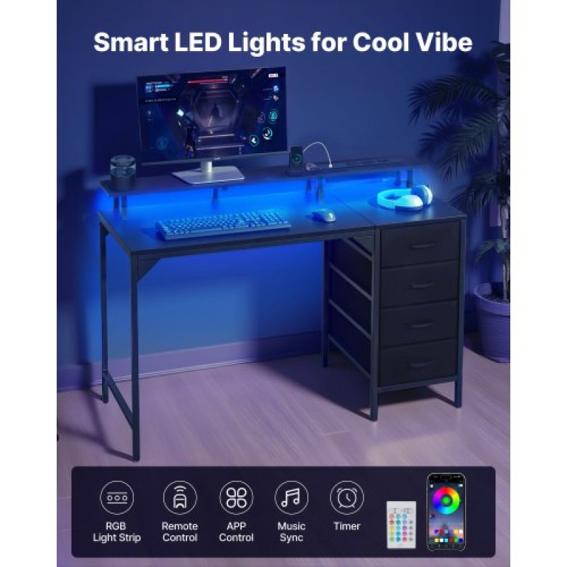 VEVOR 120 cm Γραφείο υπολογιστή με έξυπνα φώτα LED και πρίζες, Γραφείο gaming με 4 μεγάλα συρτάρια, βάση οθόνης, εργασία μελέτης για οικιακό γραφείο, μικρούς χώρους, εύκολη αποθήκευση, μαύρο