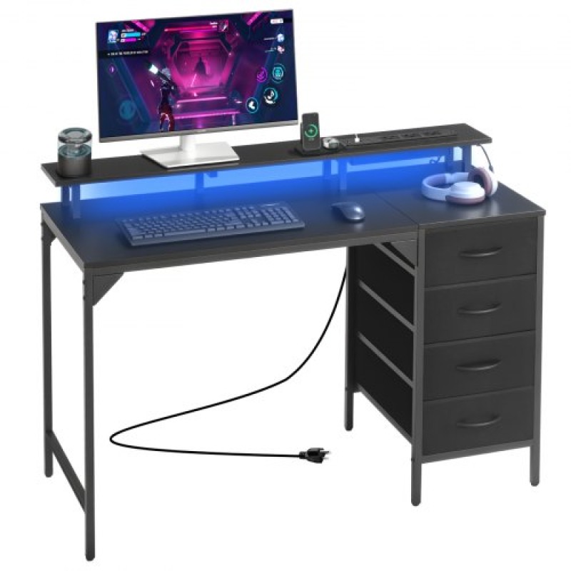 VEVOR 120 cm Γραφείο υπολογιστή με έξυπνα φώτα LED και πρίζες, Γραφείο gaming με 4 μεγάλα συρτάρια, βάση οθόνης, εργασία μελέτης για οικιακό γραφείο, μικρούς χώρους, εύκολη αποθήκευση, μαύρο