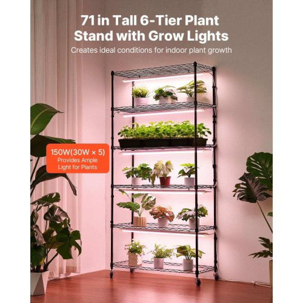Ράφι φυτών VEVOR με Grow Light, Βάση φυτών εσωτερικού χώρου 6 επιπέδων, ράφι προβολής φυτών εσωτερικού χώρου ύψους 180 cm με ρόδες και χρονοδιακόπτη, φώτα ανάπτυξης πλήρους φάσματος 150W 3800K, Μεταλλική βάση λουλουδιών για εκκίνηση σπόρων