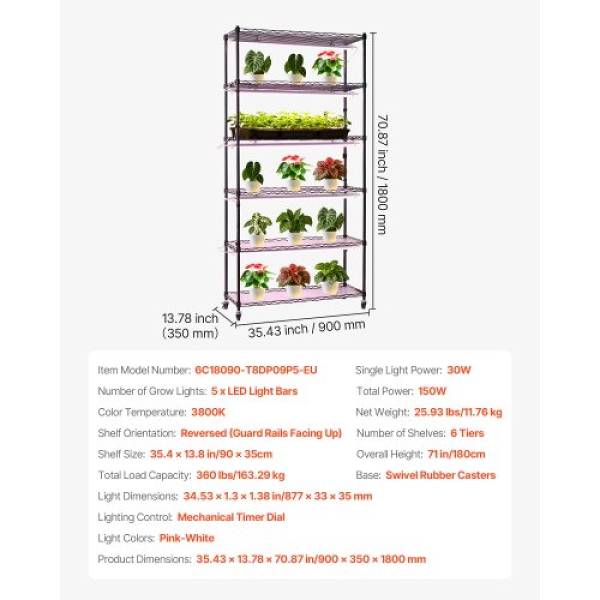 Ράφι φυτών VEVOR με Grow Light, Βάση φυτών εσωτερικού χώρου 6 επιπέδων, ράφι προβολής φυτών εσωτερικού χώρου ύψους 180 cm με ρόδες και χρονοδιακόπτη, φώτα ανάπτυξης πλήρους φάσματος 150W 3800K, Μεταλλική βάση λουλουδιών για εκκίνηση σπόρων