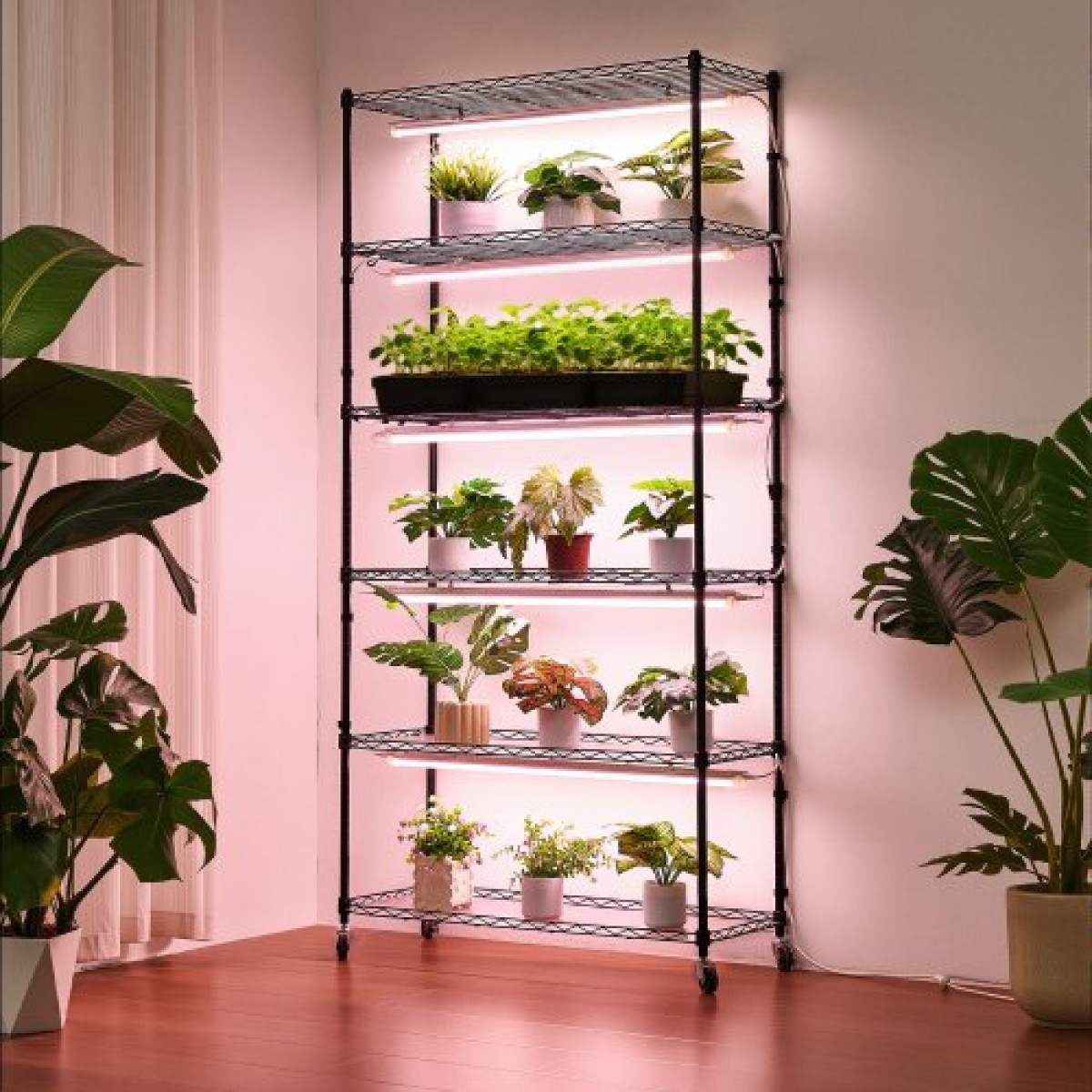Ράφι φυτών VEVOR με Grow Light, Βάση φυτών εσωτερικού χώρου 6 επιπέδων, ράφι προβολής φυτών εσωτερικού χώρου ύψους 180 cm με ρόδες και χρονοδιακόπτη, φώτα ανάπτυξης πλήρους φάσματος 150W 3800K, Μεταλλική βάση λουλουδιών για εκκίνηση σπόρων