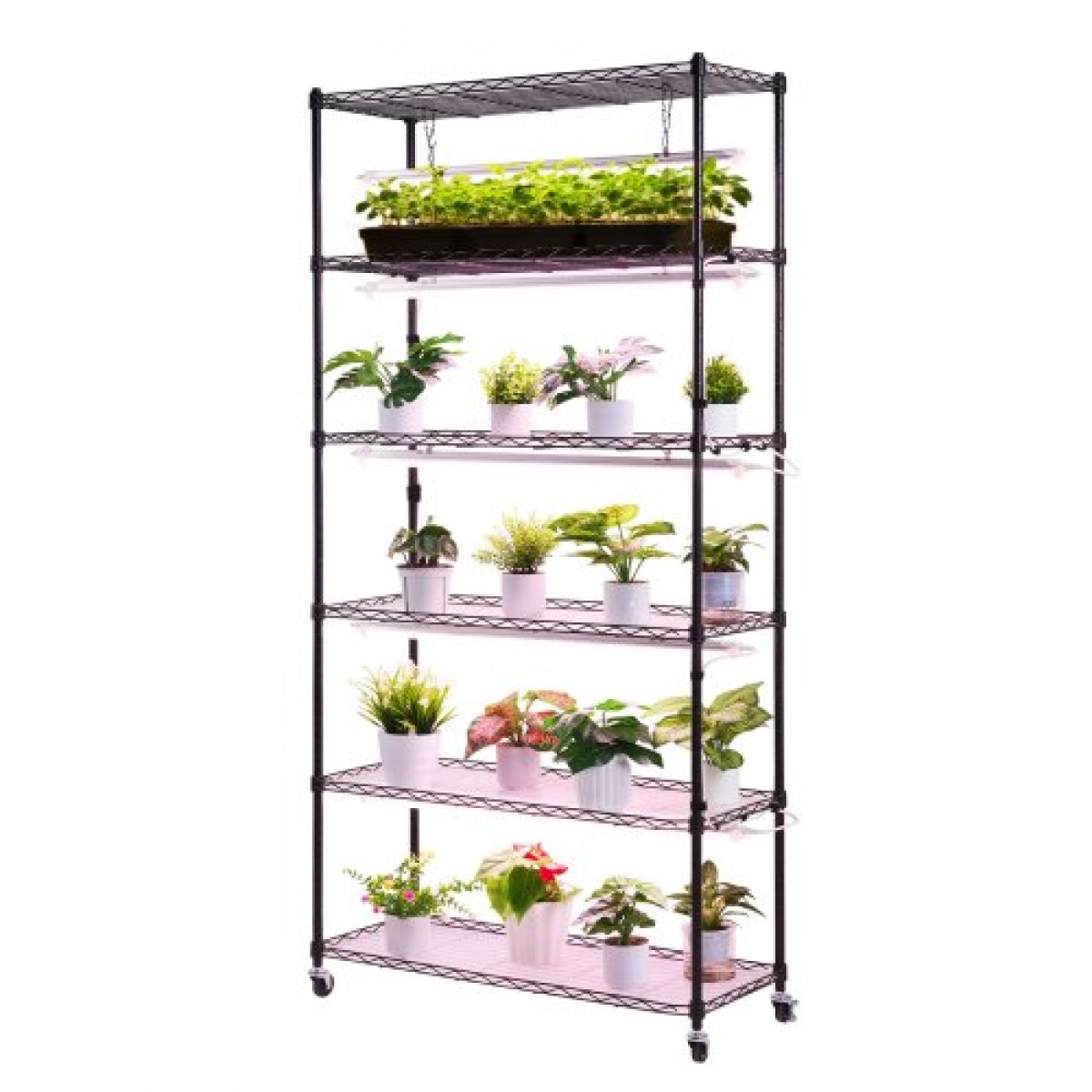 Ράφι φυτών VEVOR με Grow Light, Βάση φυτών εσωτερικού χώρου 6 επιπέδων, ράφι προβολής φυτών εσωτερικού χώρου ύψους 180 cm με ρόδες και χρονοδιακόπτη, φώτα ανάπτυξης πλήρους φάσματος 150W 3800K, Μεταλλική βάση λουλουδιών για εκκίνηση σπόρων