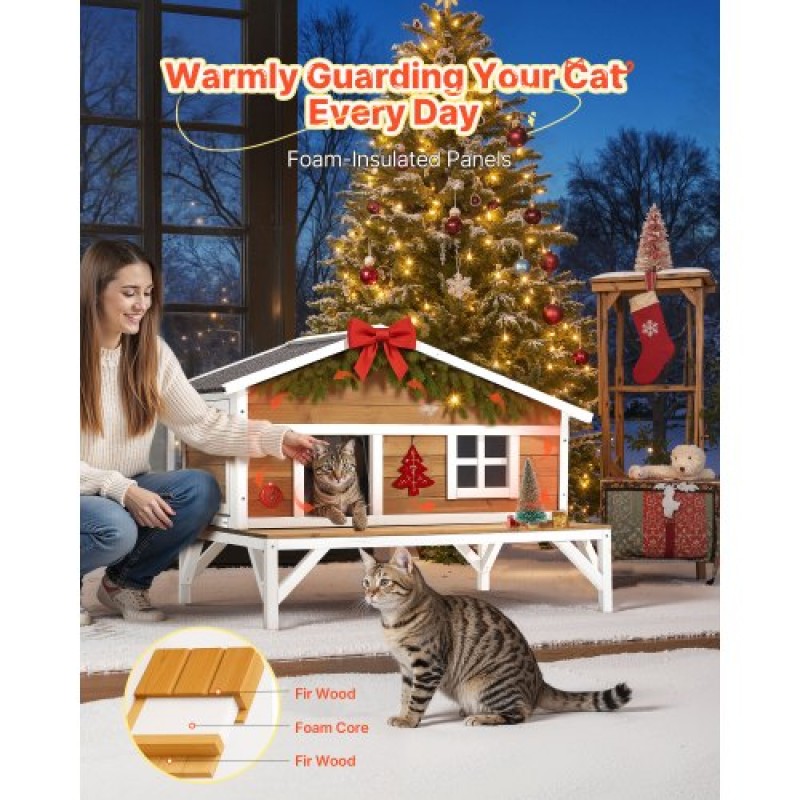 VEVOR Insulated Cat House, All-Around Foam Insulation Υπερυψωμένο καταφύγιο για γάτες, Ξύλινο καταφύγιο Feral Kitty με μεγάλη πλατφόρμα, αδιάβροχα διαμερίσματα για γάτες για γάτες εσωτερικού & εξωτερικού χώρου το χειμώνα 110 x 85 x 78 cm