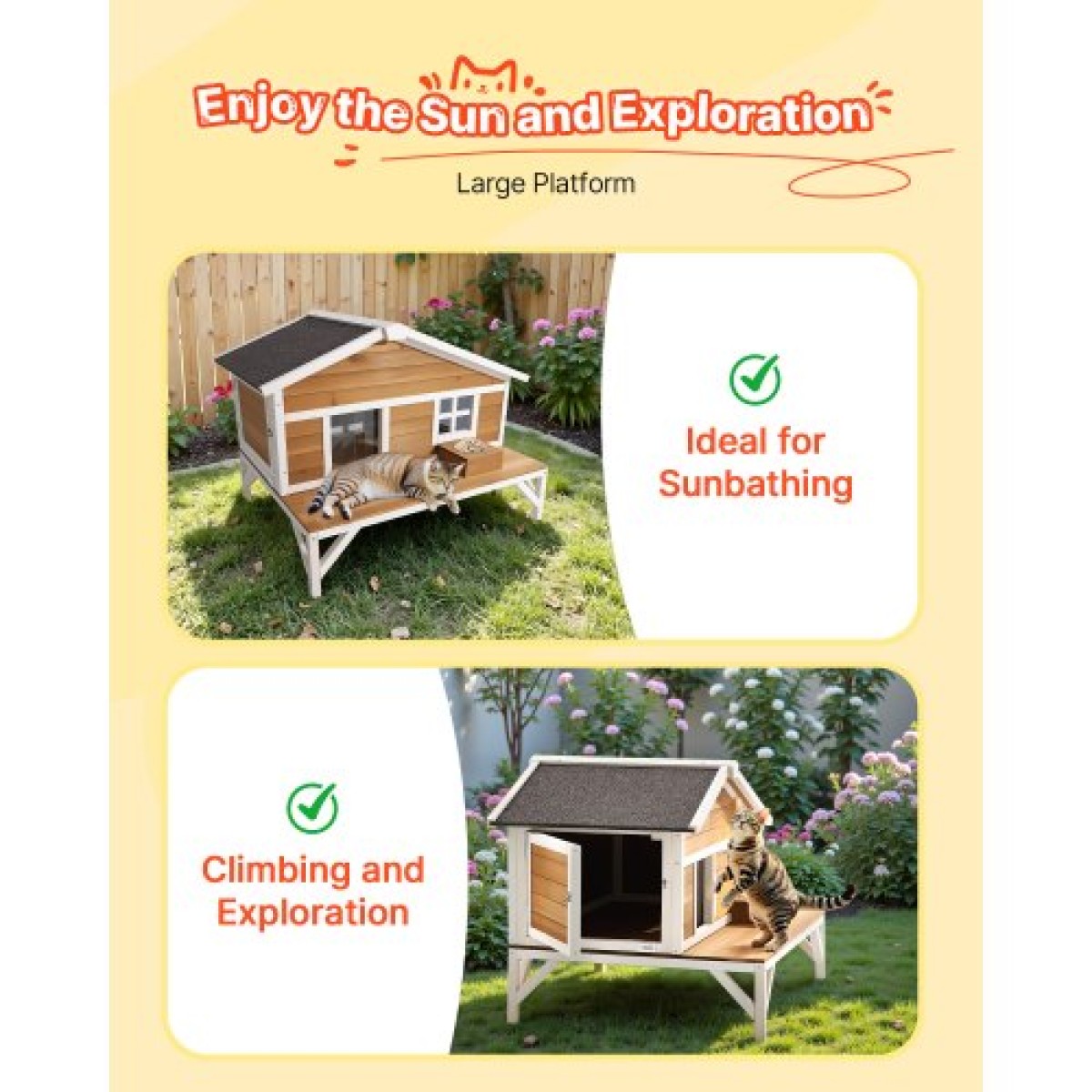 VEVOR Insulated Cat House, All-Around Foam Insulation Υπερυψωμένο καταφύγιο για γάτες, Ξύλινο καταφύγιο Feral Kitty με μεγάλη πλατφόρμα, αδιάβροχα διαμερίσματα για γάτες για γάτες εσωτερικού & εξωτερικού χώρου το χειμώνα 110 x 85 x 78 cm