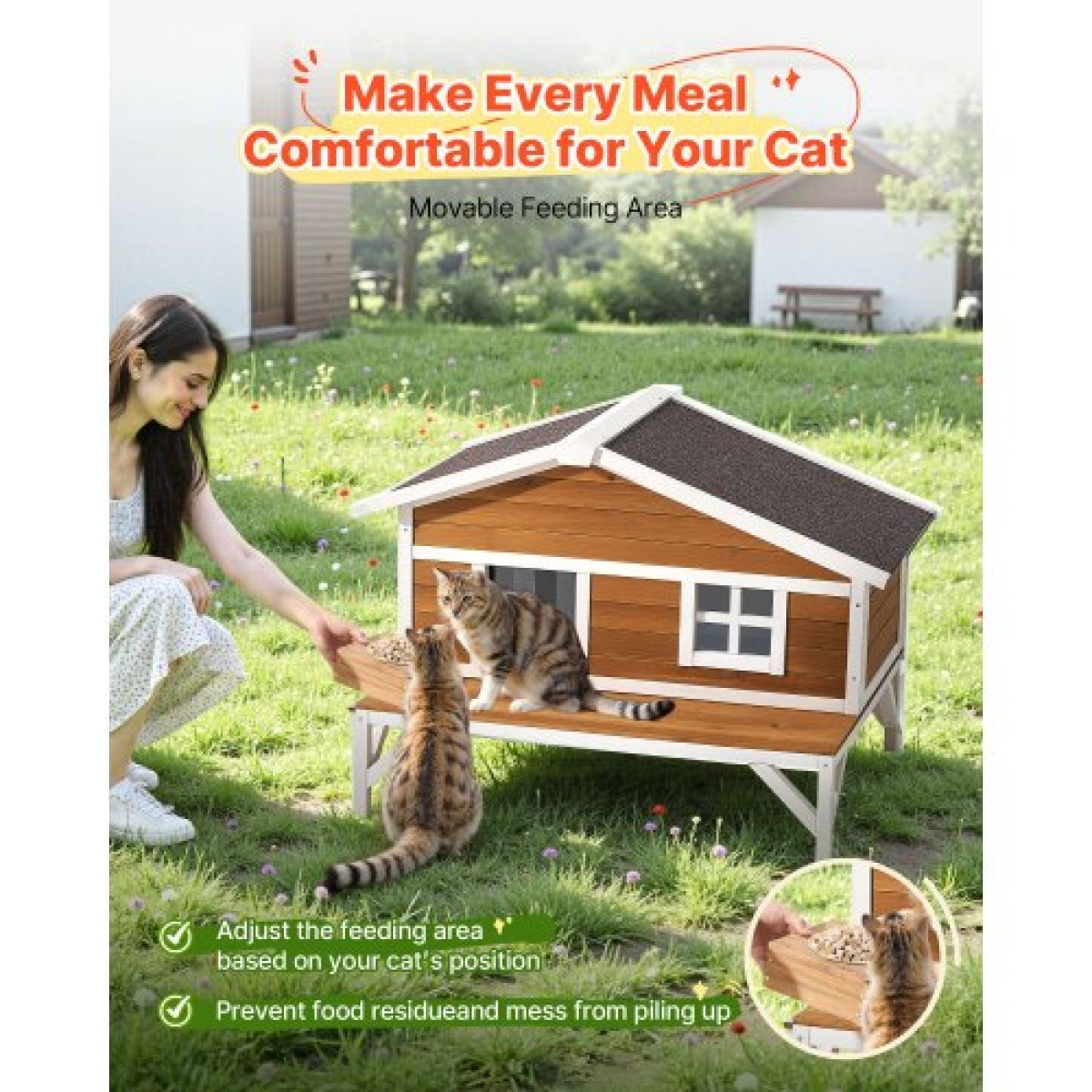 VEVOR Insulated Cat House, All-Around Foam Insulation Υπερυψωμένο καταφύγιο για γάτες, Ξύλινο καταφύγιο Feral Kitty με μεγάλη πλατφόρμα, αδιάβροχα διαμερίσματα για γάτες για γάτες εσωτερικού & εξωτερικού χώρου το χειμώνα 110 x 85 x 78 cm