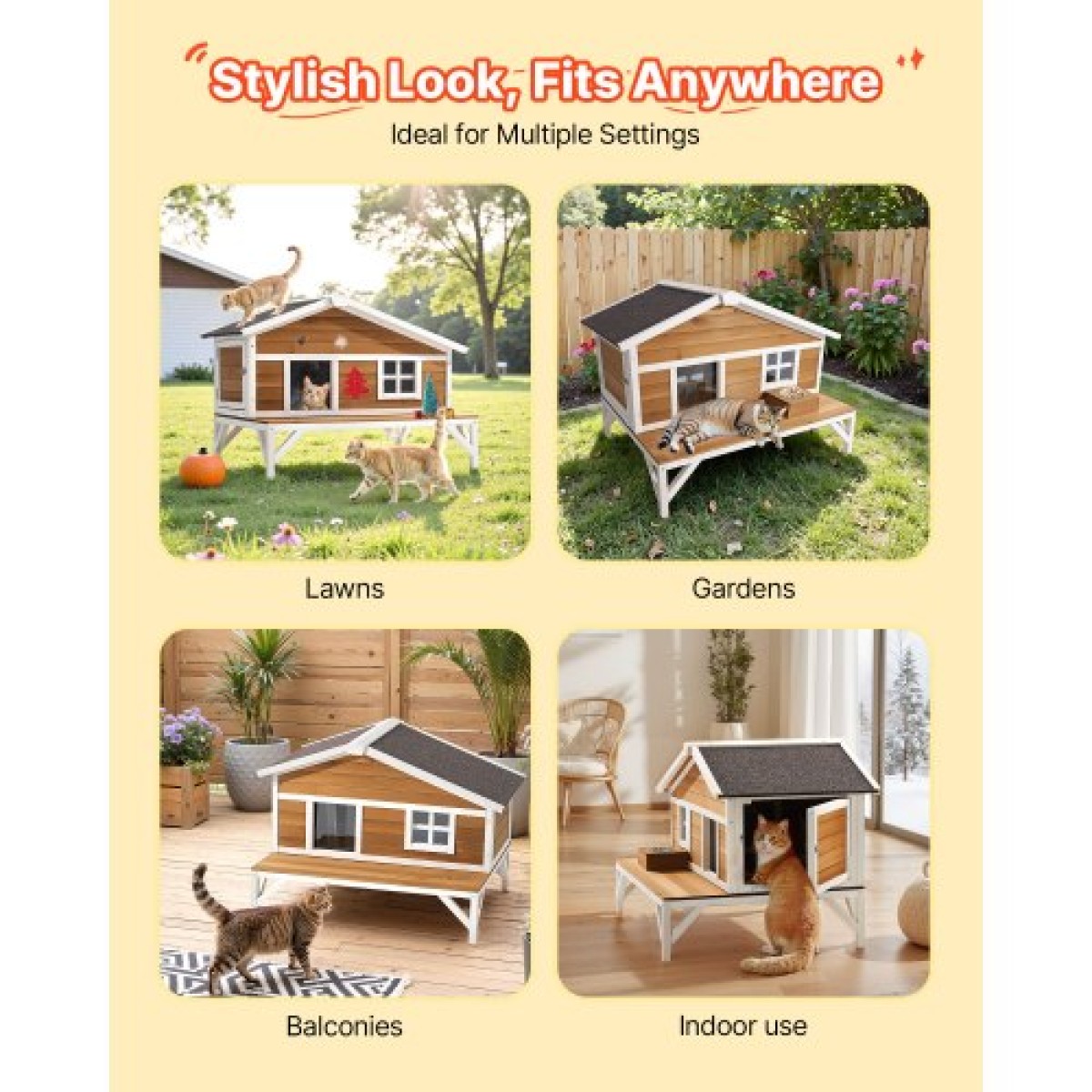 VEVOR Insulated Cat House, All-Around Foam Insulation Υπερυψωμένο καταφύγιο για γάτες, Ξύλινο καταφύγιο Feral Kitty με μεγάλη πλατφόρμα, αδιάβροχα διαμερίσματα για γάτες για γάτες εσωτερικού & εξωτερικού χώρου το χειμώνα 110 x 85 x 78 cm