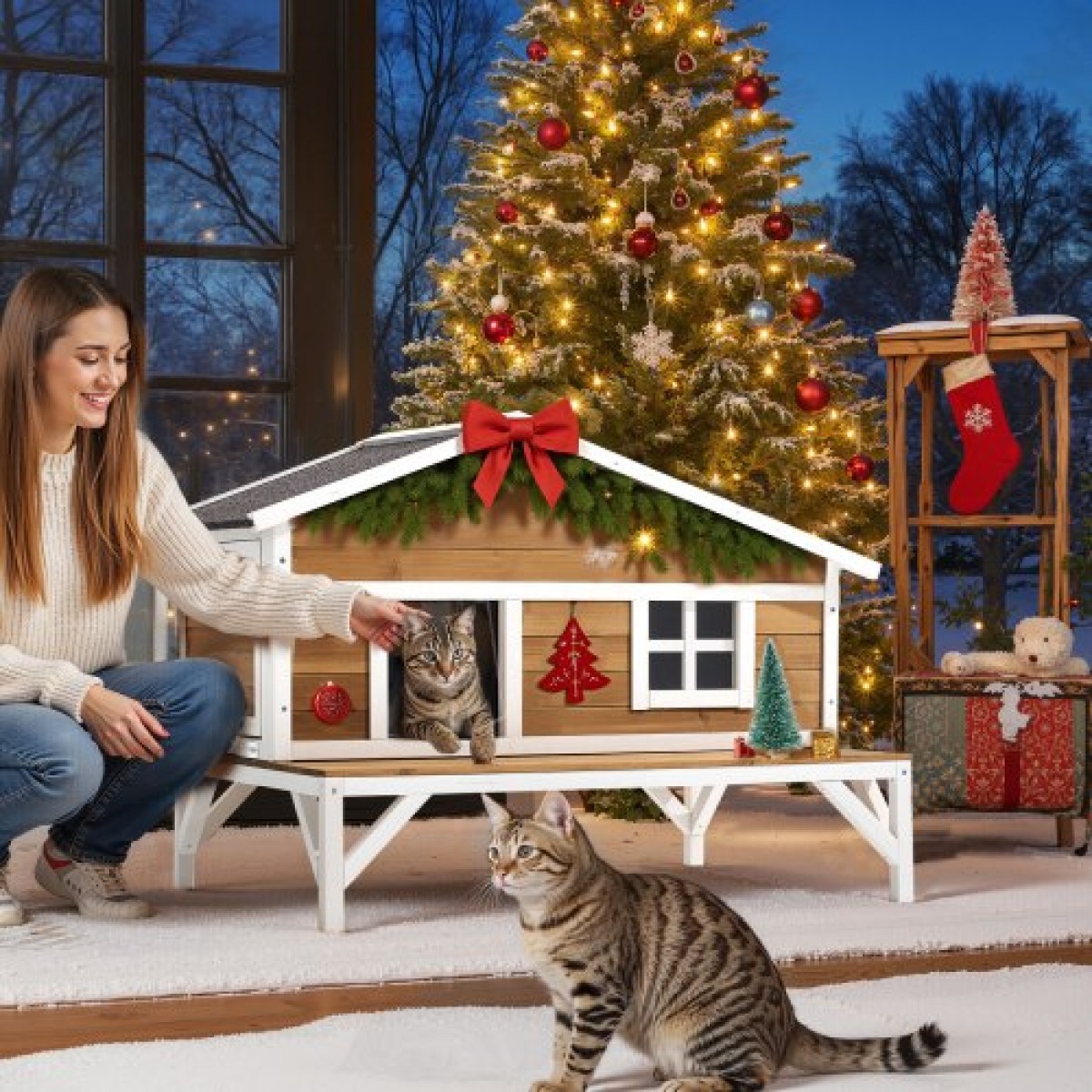VEVOR Insulated Cat House, All-Around Foam Insulation Υπερυψωμένο καταφύγιο για γάτες, Ξύλινο καταφύγιο Feral Kitty με μεγάλη πλατφόρμα, αδιάβροχα διαμερίσματα για γάτες για γάτες εσωτερικού & εξωτερικού χώρου το χειμώνα 110 x 85 x 78 cm