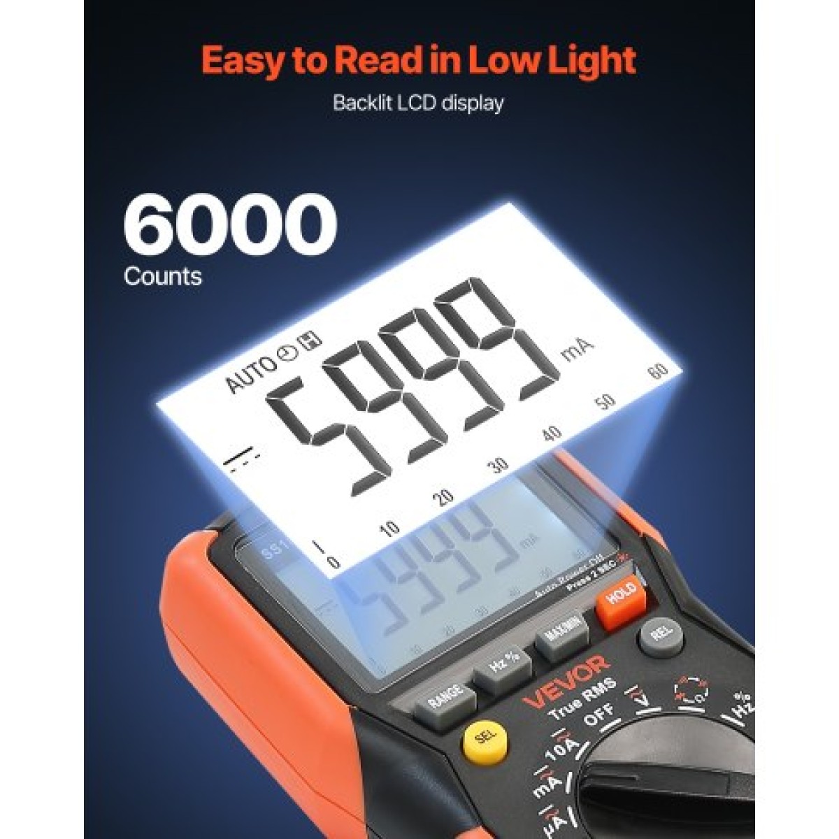 Ψηφιακό πολύμετρο VEVOR, 6000-Count TRMS DC/AC Voltmeter Current Tester, Auto-Ranging Multimeter for Current Voltage Resistance Χωρητικότητα Διόδους Θερμοκρασίας Συνέχεια Μέτρηση χαμηλής αντίστασης