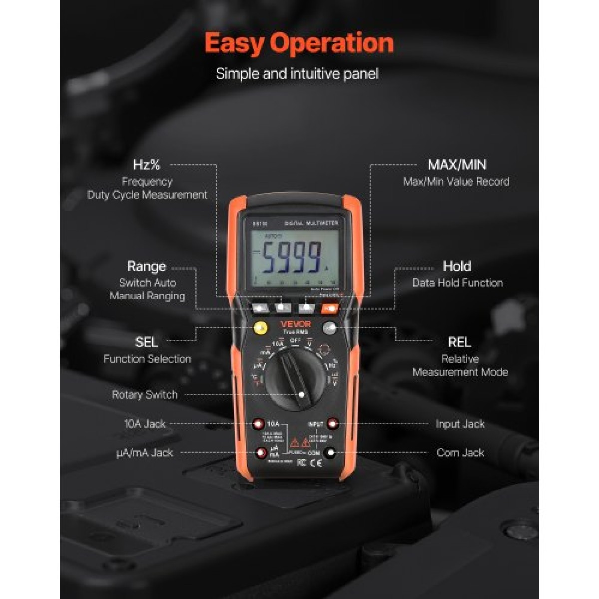 Ψηφιακό πολύμετρο VEVOR, 6000-Count TRMS DC/AC Voltmeter Current Tester, Auto-Ranging Multimeter for Current Voltage Resistance Χωρητικότητα Διόδους Θερμοκρασίας Συνέχεια Μέτρηση χαμηλής αντίστασης