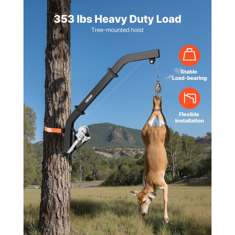 Ανυψωτικό ελαφιού VEVOR Tree Mounted Deer, χωρητικότητα φόρτωσης 353 lbs, ανυψωτικό βαρούλκο κυνηγιού κυνηγιού με ιμάντα καστάνιας, κρεμάστρα ελαφιού βαρέως τύπου για ξεφλούδισμα, καθαρισμό, τροφή για κρέμασμα και ντύσιμο αγρού, μαύρο
