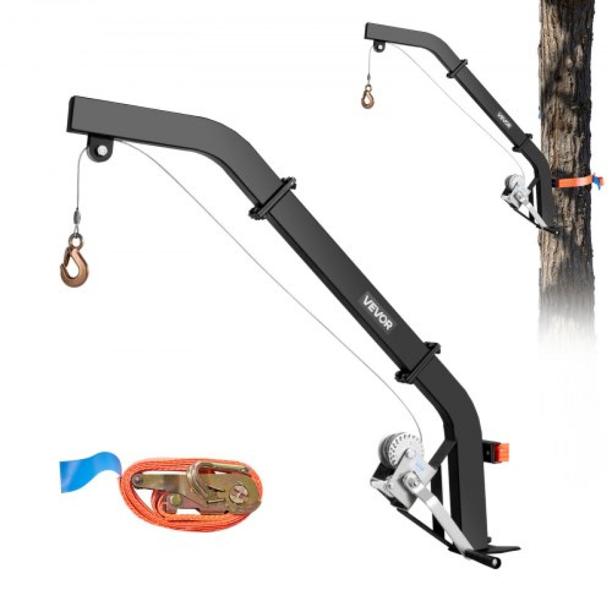 Ανυψωτικό ελαφιού VEVOR Tree Mounted Deer, χωρητικότητα φόρτωσης 353 lbs, ανυψωτικό βαρούλκο κυνηγιού κυνηγιού με ιμάντα καστάνιας, κρεμάστρα ελαφιού βαρέως τύπου για ξεφλούδισμα, καθαρισμό, τροφή για κρέμασμα και ντύσιμο αγρού, μαύρο
