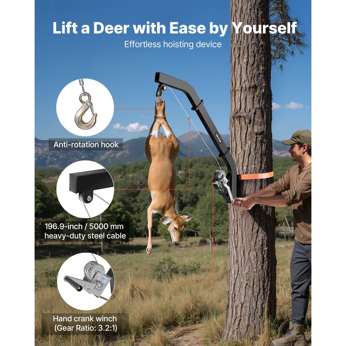 Ανυψωτικό ελαφιού VEVOR Tree Mounted Deer, χωρητικότητα φόρτωσης 353 lbs, ανυψωτικό βαρούλκο κυνηγιού κυνηγιού με ιμάντα καστάνιας, κρεμάστρα ελαφιού βαρέως τύπου για ξεφλούδισμα, καθαρισμό, τροφή για κρέμασμα και ντύσιμο αγρού, μαύρο