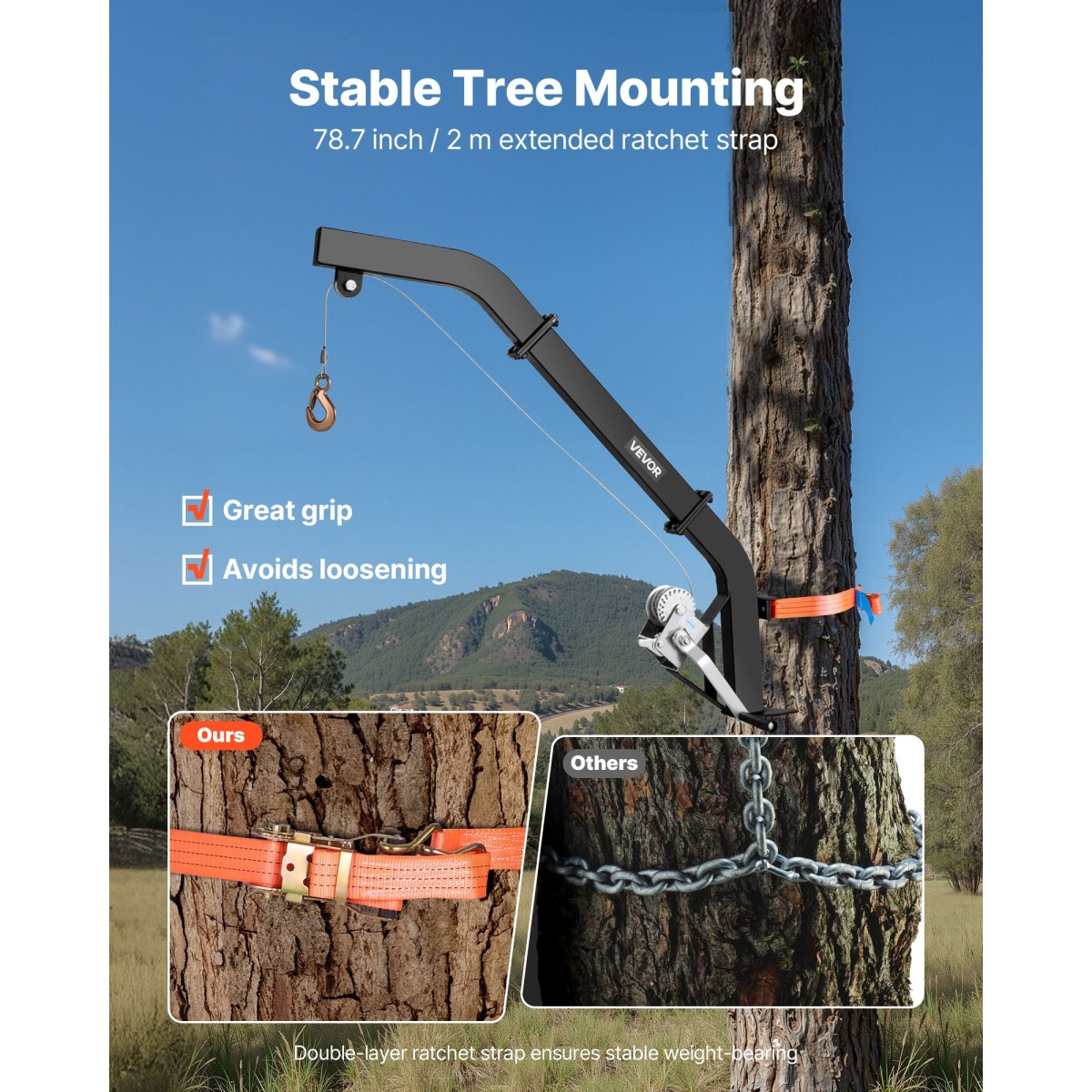 Ανυψωτικό ελαφιού VEVOR Tree Mounted Deer, χωρητικότητα φόρτωσης 353 lbs, ανυψωτικό βαρούλκο κυνηγιού κυνηγιού με ιμάντα καστάνιας, κρεμάστρα ελαφιού βαρέως τύπου για ξεφλούδισμα, καθαρισμό, τροφή για κρέμασμα και ντύσιμο αγρού, μαύρο