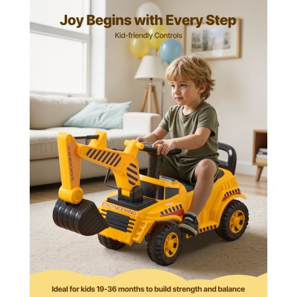 VEVOR Ride On Toddler Car, Push Car για νήπια 19 έως 36 μηνών, Παιχνίδι εκσκαφέα εκσκαφέα με κράνος & μουσική, χωρητικότητα 25 κιλών, περιπατητής από τα πόδια μέχρι το πάτωμα για παιδιά, κίτρινο