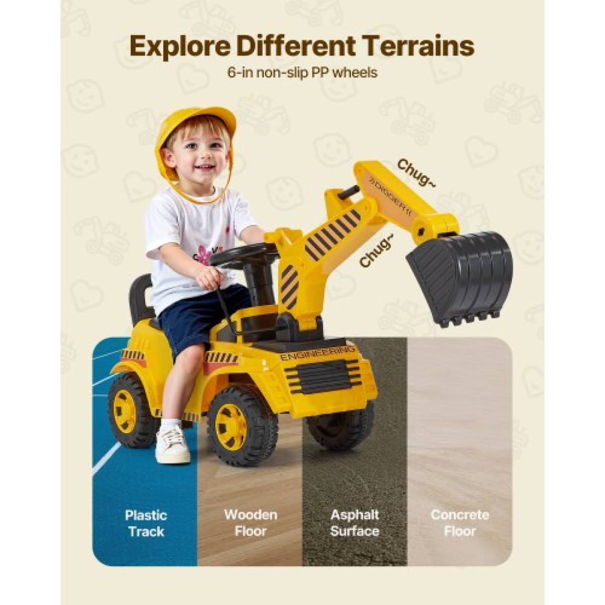 VEVOR Ride On Toddler Car, Push Car για νήπια 19 έως 36 μηνών, Παιχνίδι εκσκαφέα εκσκαφέα με κράνος & μουσική, χωρητικότητα 25 κιλών, περιπατητής από τα πόδια μέχρι το πάτωμα για παιδιά, κίτρινο