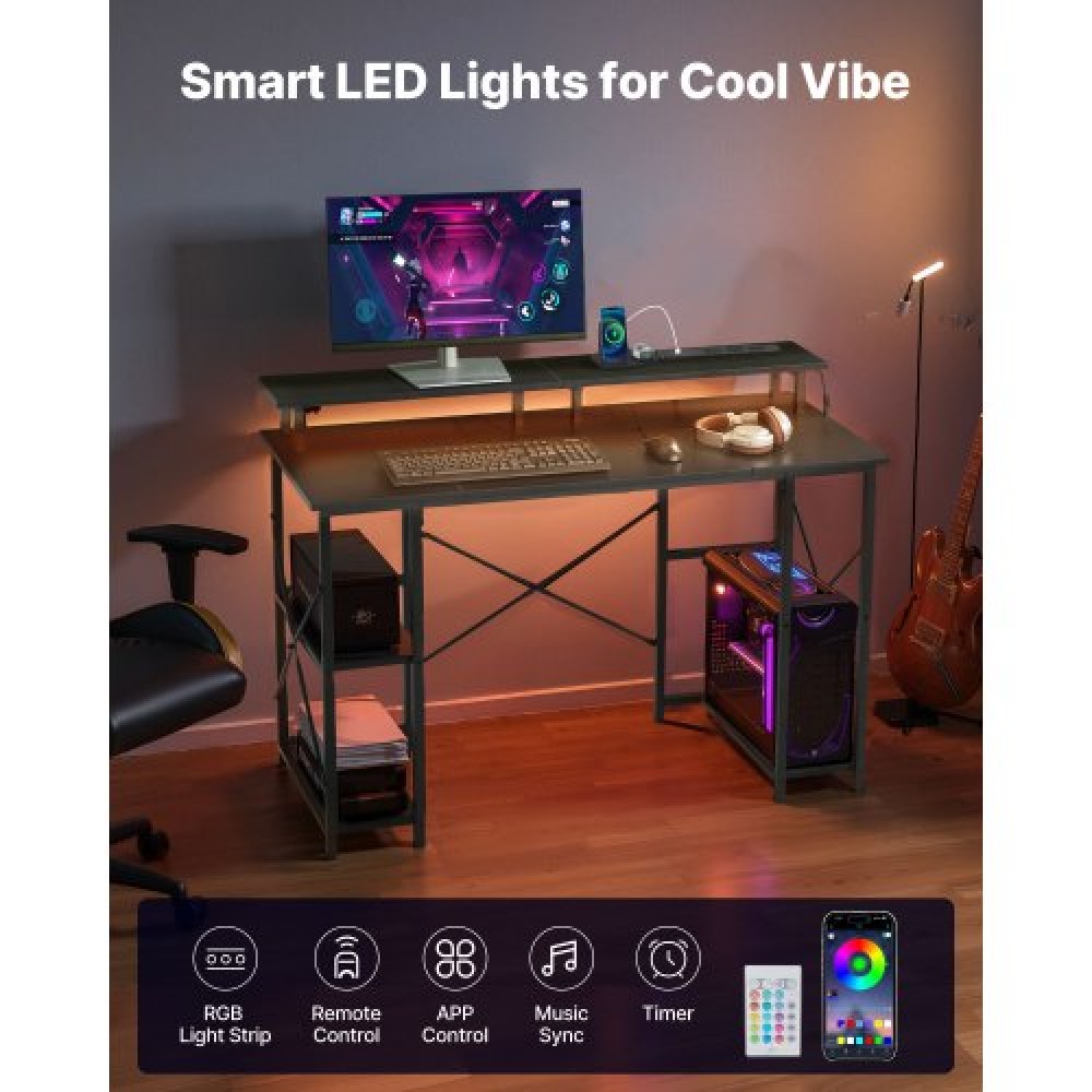 Γραφείο υπολογιστή VEVOR 120 cm με έξυπνα φώτα LED και πρίζες ρεύματος, Γραφείο γραφείου για παιχνίδια με αναστρέψιμο με βάση οθόνης και ράφια αποθήκευσης 2 επιπέδων, εργασία μελέτης για το γραφείο στο σπίτι, μαύρο