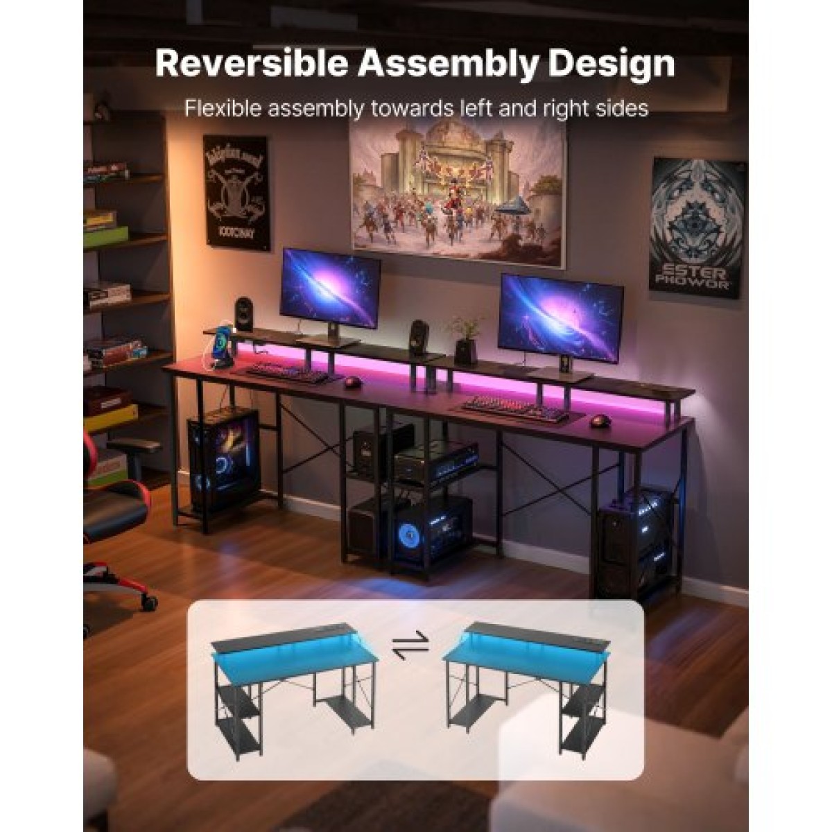 Γραφείο υπολογιστή VEVOR 120 cm με έξυπνα φώτα LED και πρίζες ρεύματος, Γραφείο γραφείου για παιχνίδια με αναστρέψιμο με βάση οθόνης και ράφια αποθήκευσης 2 επιπέδων, εργασία μελέτης για το γραφείο στο σπίτι, μαύρο