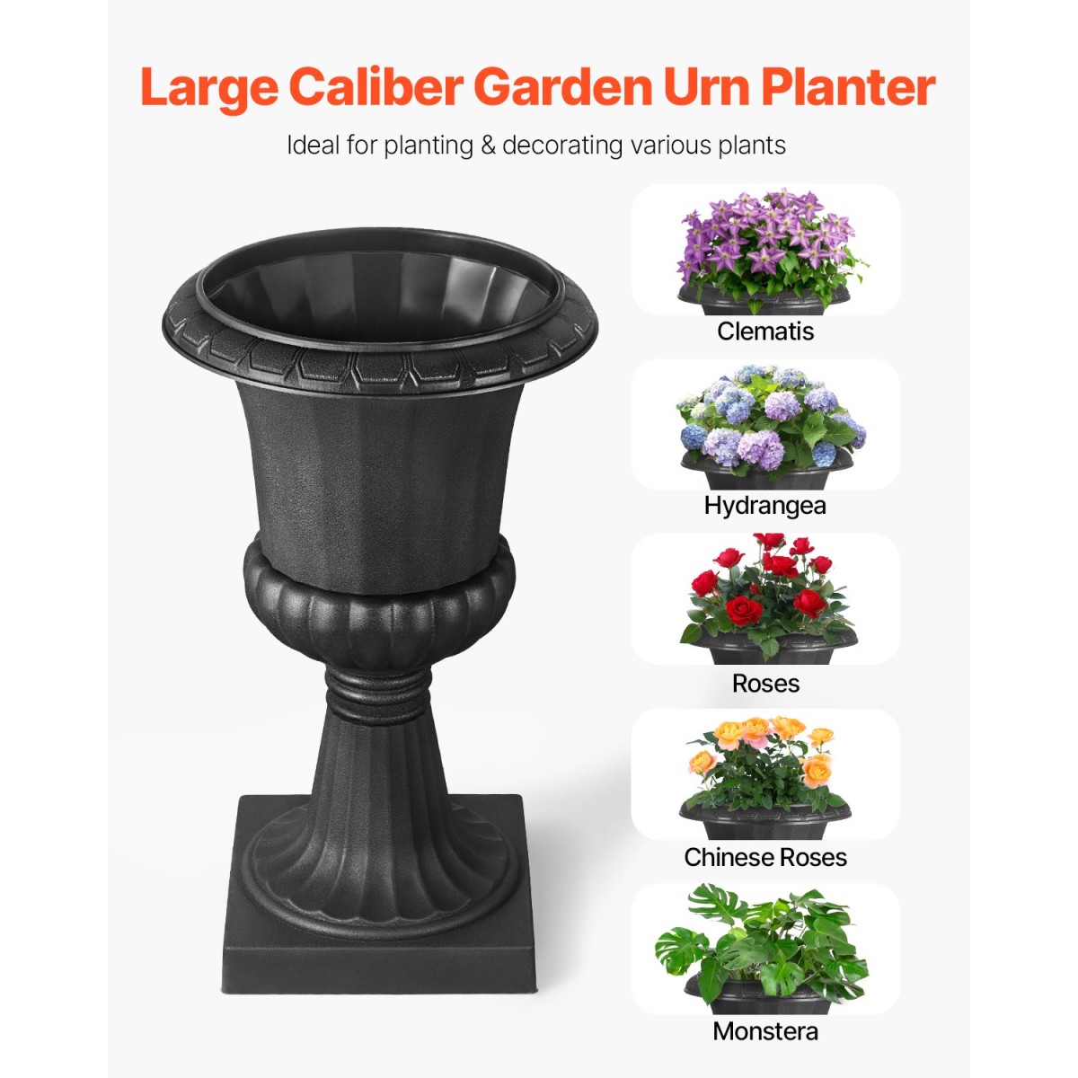 VEVOR Plastic Urn Planters, 40 x 67 cm, 2 Pack Μαύρες Κλασικές Γλάστρες Ζαρντινιέρες Μπροστινής Βεράντας, Εσωτερικό & Εξωτερικό Βάζο για Γάμο, Πάρτι, Εκδήλωση, Σπίτι, Σκηνή, Κήπο, Μπαλκόνι, Διακόσμηση Βεράντα