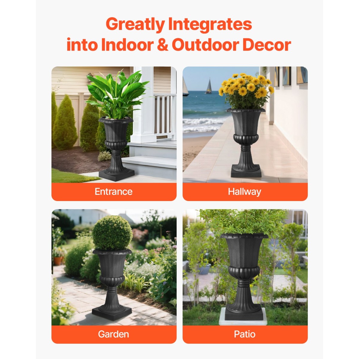 VEVOR Plastic Urn Planters, 40 x 67 cm, 2 Pack Μαύρες Κλασικές Γλάστρες Ζαρντινιέρες Μπροστινής Βεράντας, Εσωτερικό & Εξωτερικό Βάζο για Γάμο, Πάρτι, Εκδήλωση, Σπίτι, Σκηνή, Κήπο, Μπαλκόνι, Διακόσμηση Βεράντα