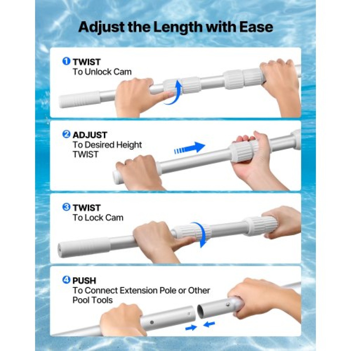 VEVOR Pool Pole, 1 έως 4,6 m Telescoping Swimming Pool Cleaning Pole, Professional ρυθμιζόμενο τηλεσκοπικό κοντάρι με 2 πόλους επέκτασης, καθαριστικό ραβδί βαρέως τύπου για δίχτυ skimmer, βούρτσα, κεφαλή ηλεκτρικής σκούπας
