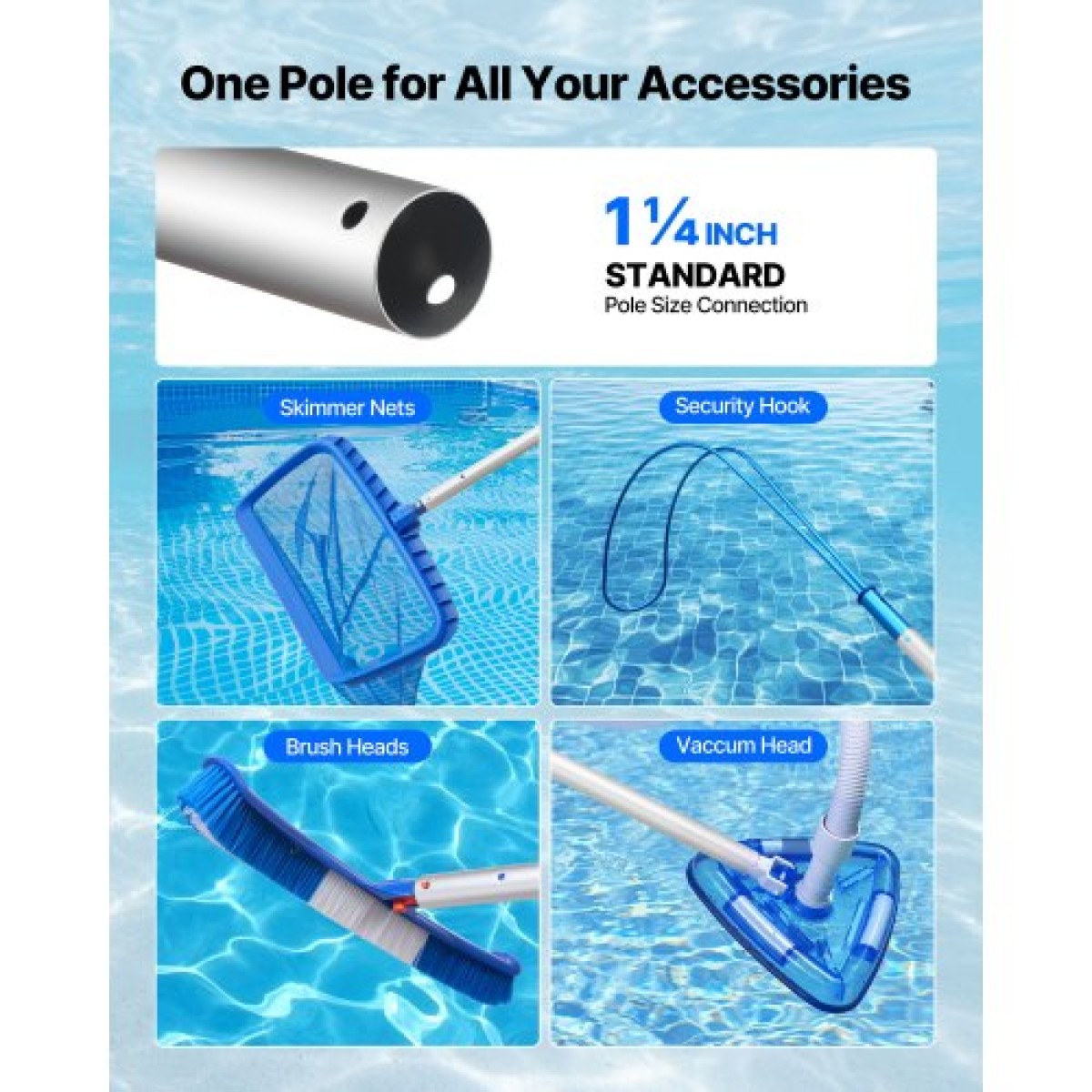VEVOR Pool Pole, 1 έως 4,6 m Telescoping Swimming Pool Cleaning Pole, Professional ρυθμιζόμενο τηλεσκοπικό κοντάρι με 2 πόλους επέκτασης, καθαριστικό ραβδί βαρέως τύπου για δίχτυ skimmer, βούρτσα, κεφαλή ηλεκτρικής σκούπας