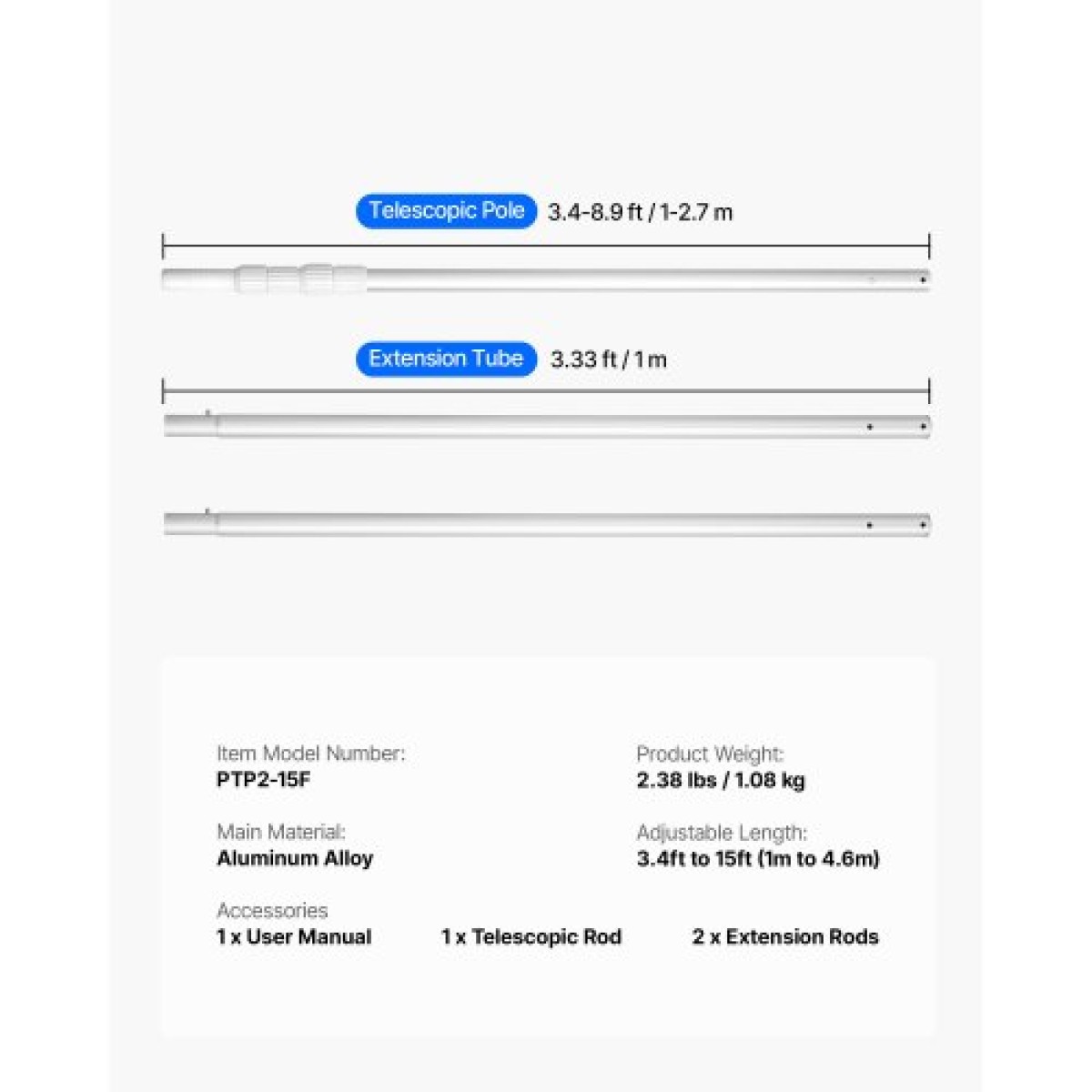 VEVOR Pool Pole, 1 έως 4,6 m Telescoping Swimming Pool Cleaning Pole, Professional ρυθμιζόμενο τηλεσκοπικό κοντάρι με 2 πόλους επέκτασης, καθαριστικό ραβδί βαρέως τύπου για δίχτυ skimmer, βούρτσα, κεφαλή ηλεκτρικής σκούπας