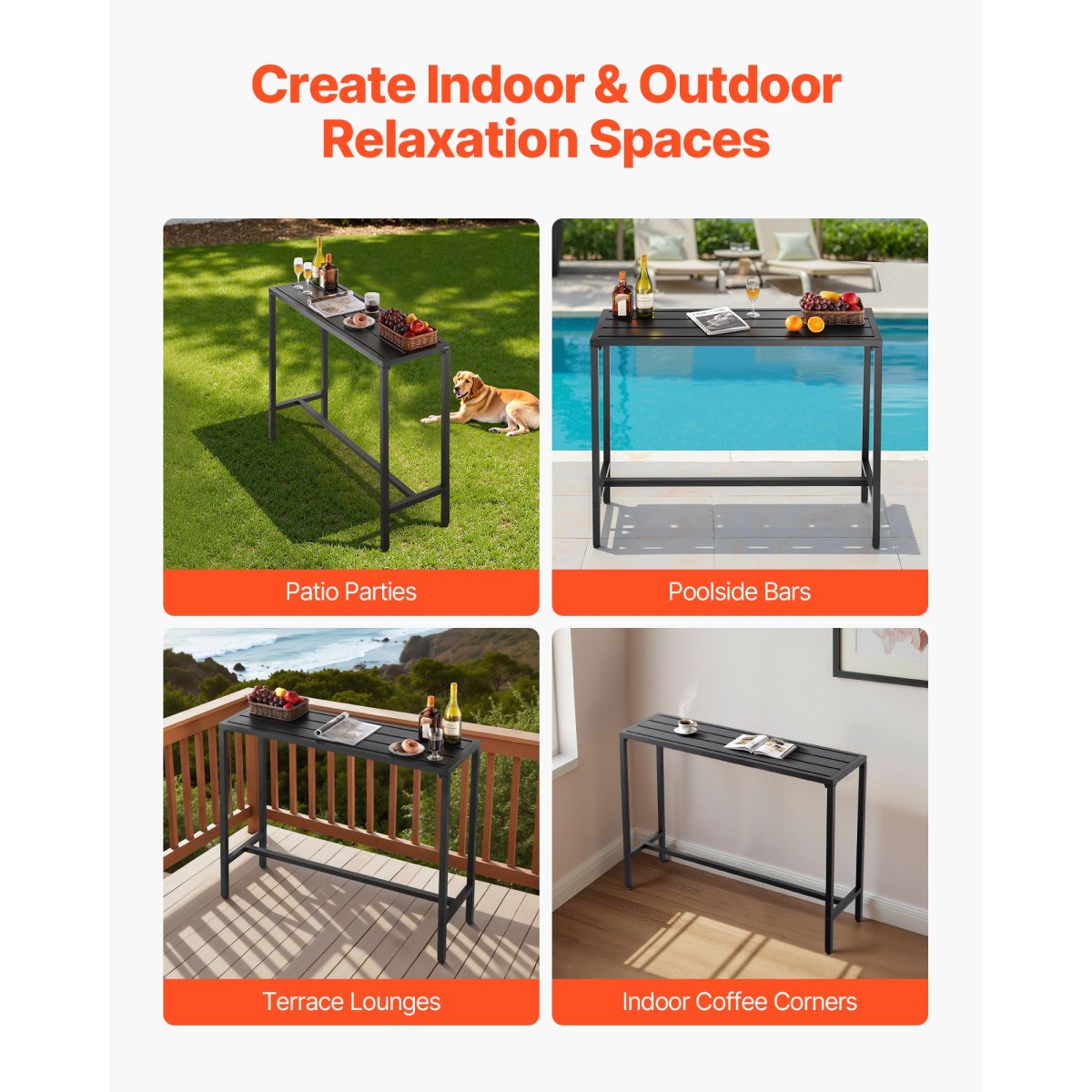 VEVOR Τραπέζι Bar Outdoor, 120 x 37,5 cm Τραπέζι Bar Patio, Αδιάβροχο Top & στιβαρό μεταλλικό σκελετό, Ορθογώνιο πάγκο Ύψος Τραπεζαρίες, Έπιπλα εξωτερικού χώρου για Μπαλκόνι, Αυλή, Υδρομασάζ, Δίπλα στην πισίνα, Εσωτερικό