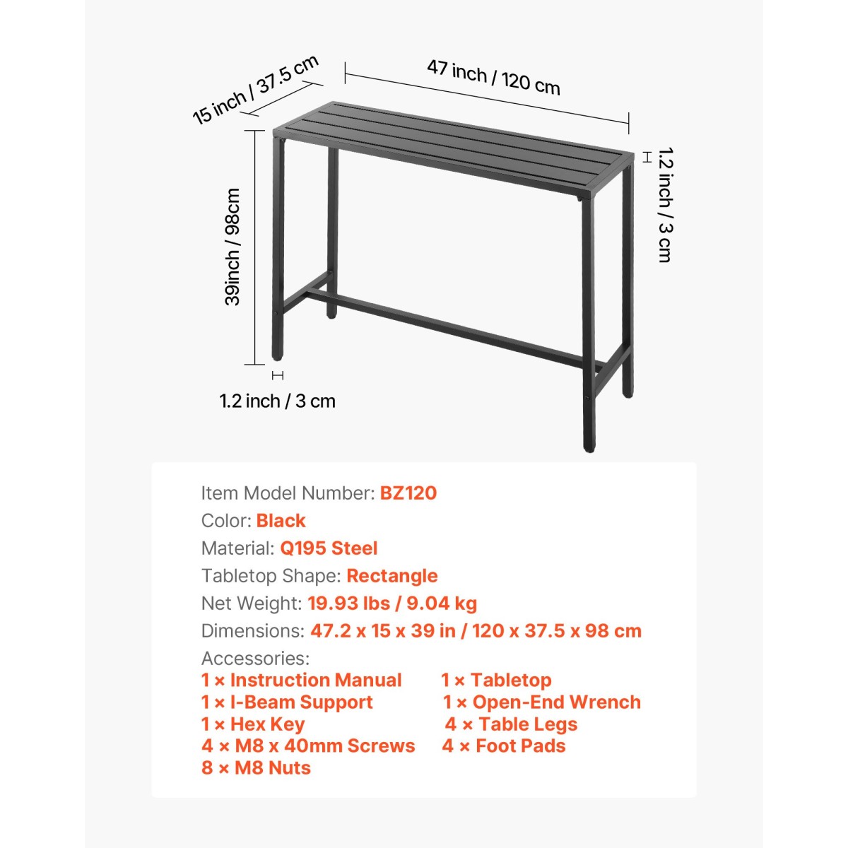 VEVOR Τραπέζι Bar Outdoor, 120 x 37,5 cm Τραπέζι Bar Patio, Αδιάβροχο Top & στιβαρό μεταλλικό σκελετό, Ορθογώνιο πάγκο Ύψος Τραπεζαρίες, Έπιπλα εξωτερικού χώρου για Μπαλκόνι, Αυλή, Υδρομασάζ, Δίπλα στην πισίνα, Εσωτερικό