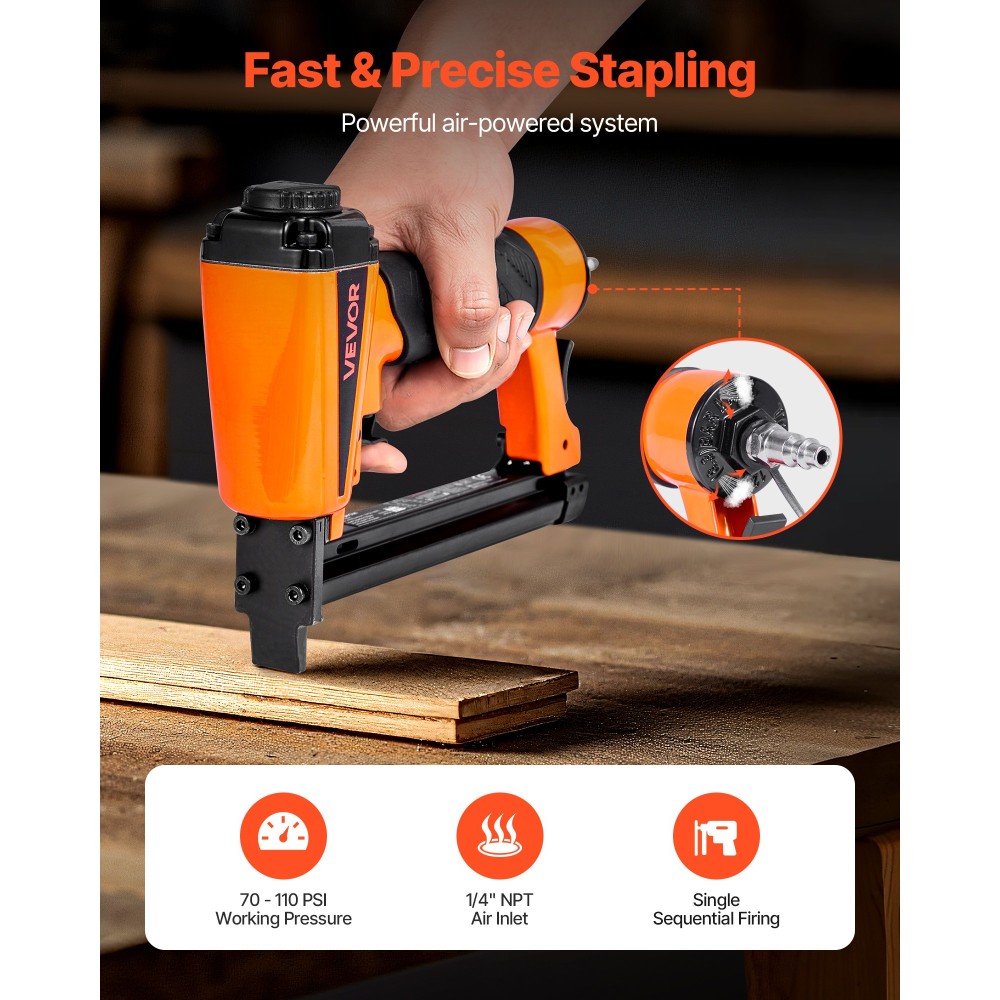 VEVOR Pneumatic Staple Gun, 21 Gauge Pneumatic Upholstery Stapler for 80 Series 12,8mm Crown Length Staples 6mm-16mm, Air Staple Gun 70-110 PSI for Woodworking, Tanstering, Crafts, DIY Projects