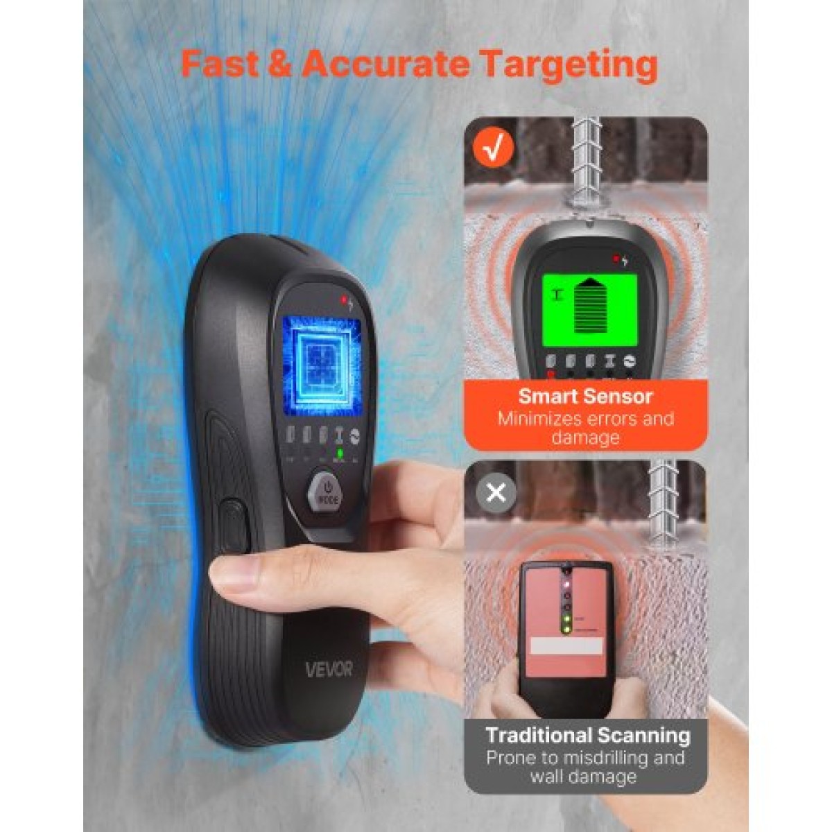 VEVOR Stud Finder Wall Scanner, 5 σε 1, Ηλεκτρονικός ανιχνευτής τοίχου με έξυπνο αισθητήρα, οθόνη LCD υψηλής ευκρίνειας και ηχητικός συναγερμός, για το κέντρο και την άκρη του μετάλλου, καλώδιο AC, δοκοί, σωλήνες, μαύρο
