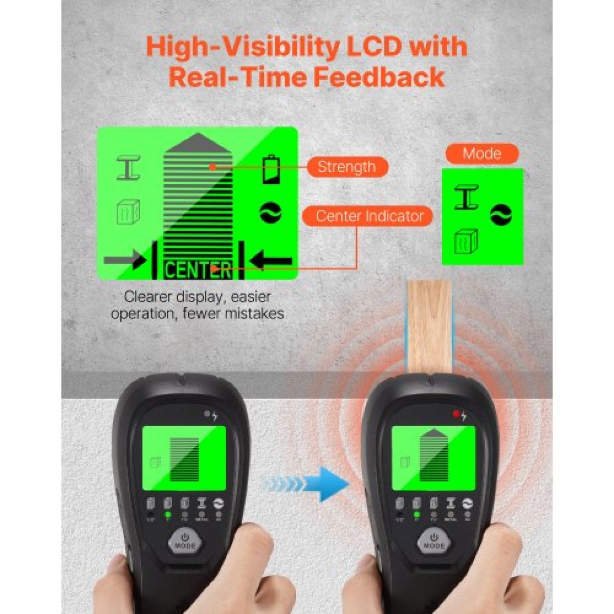 VEVOR Stud Finder Wall Scanner, 5 σε 1, Ηλεκτρονικός ανιχνευτής τοίχου με έξυπνο αισθητήρα, οθόνη LCD υψηλής ευκρίνειας και ηχητικός συναγερμός, για το κέντρο και την άκρη του μετάλλου, καλώδιο AC, δοκοί, σωλήνες, μαύρο