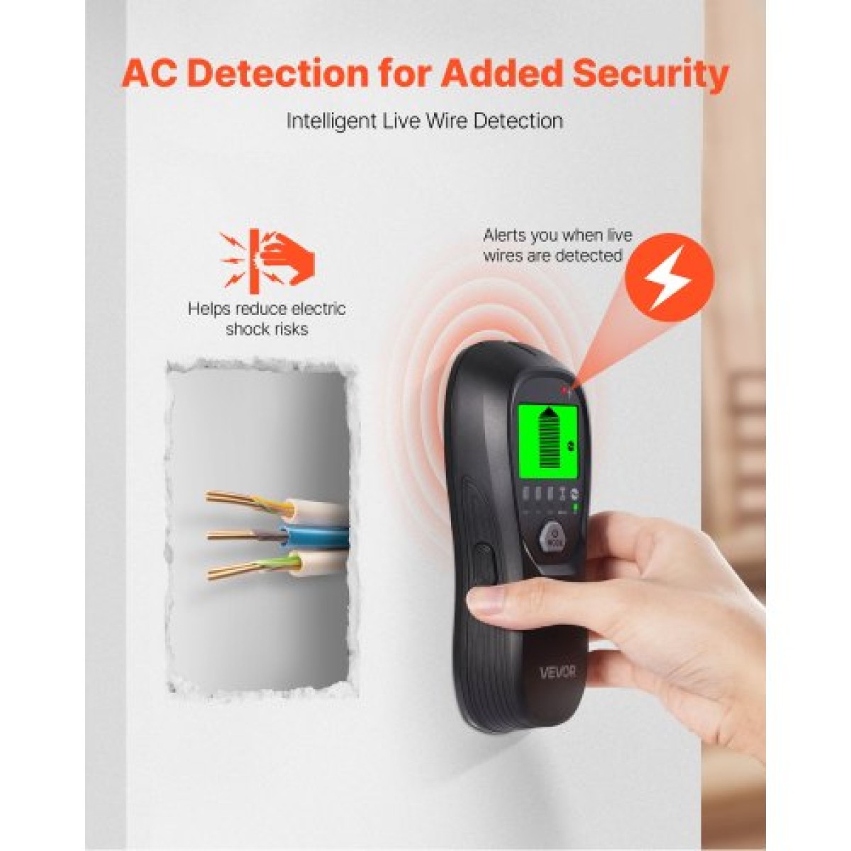 VEVOR Stud Finder Wall Scanner, 5 σε 1, Ηλεκτρονικός ανιχνευτής τοίχου με έξυπνο αισθητήρα, οθόνη LCD υψηλής ευκρίνειας και ηχητικός συναγερμός, για το κέντρο και την άκρη του μετάλλου, καλώδιο AC, δοκοί, σωλήνες, μαύρο