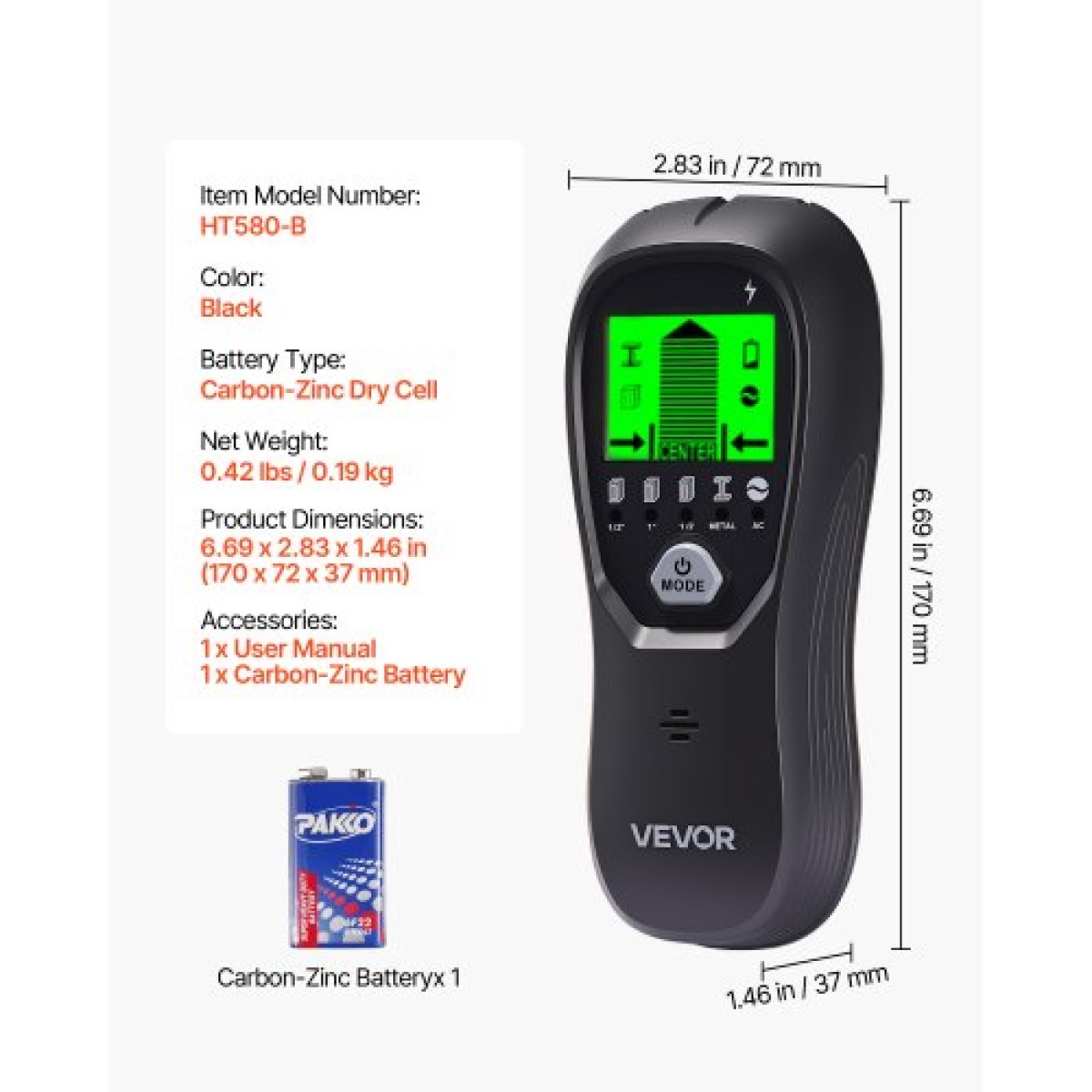 VEVOR Stud Finder Wall Scanner, 5 σε 1, Ηλεκτρονικός ανιχνευτής τοίχου με έξυπνο αισθητήρα, οθόνη LCD υψηλής ευκρίνειας και ηχητικός συναγερμός, για το κέντρο και την άκρη του μετάλλου, καλώδιο AC, δοκοί, σωλήνες, μαύρο