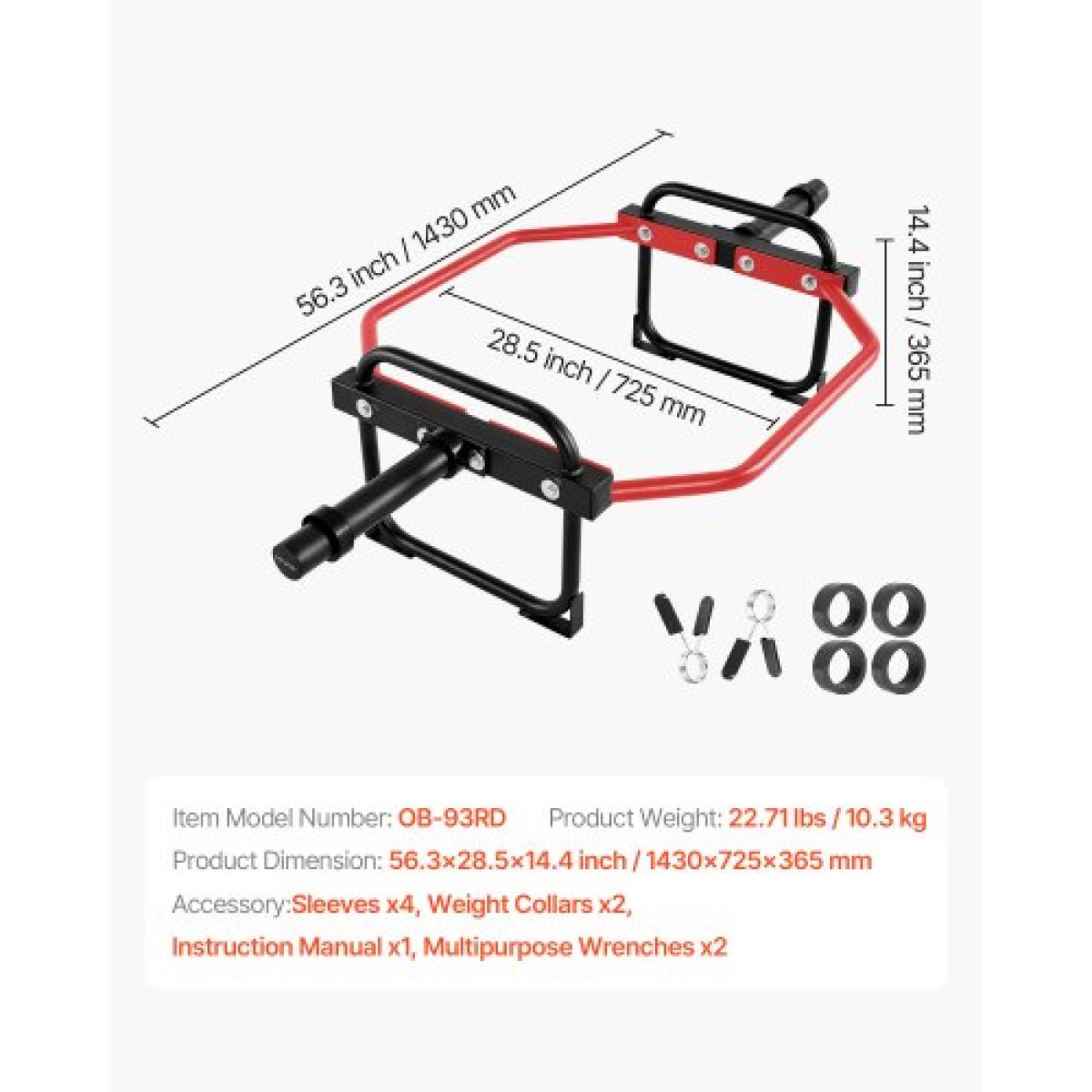VEVOR Trap Bar Hex Bar, 50mm Hex Barbell, 240 kg Χωρητικότητα, Εξοπλισμός προπόνησης άρσης βαρών και δύναμης, γυμναστήριο στο σπίτι για squats, Deadlifts, πρέσες ώμων, κόκκινο