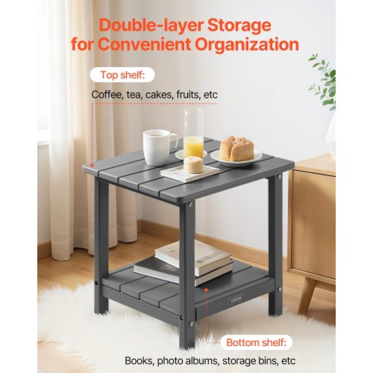Βοηθητικό τραπέζι εξωτερικού χώρου VEVOR, 450W x 380D x 440H mm, Τραπέζι εξωτερικού άκρου HDPE διπλής στρώσης για εύκολη συντήρηση, αντοχή σε δύσκολες καιρικές συνθήκες, κατάλληλο για αίθριο, πισίνα, παραλία, βεράντα, εσωτερικός, πίσω αυλή, γκρι
