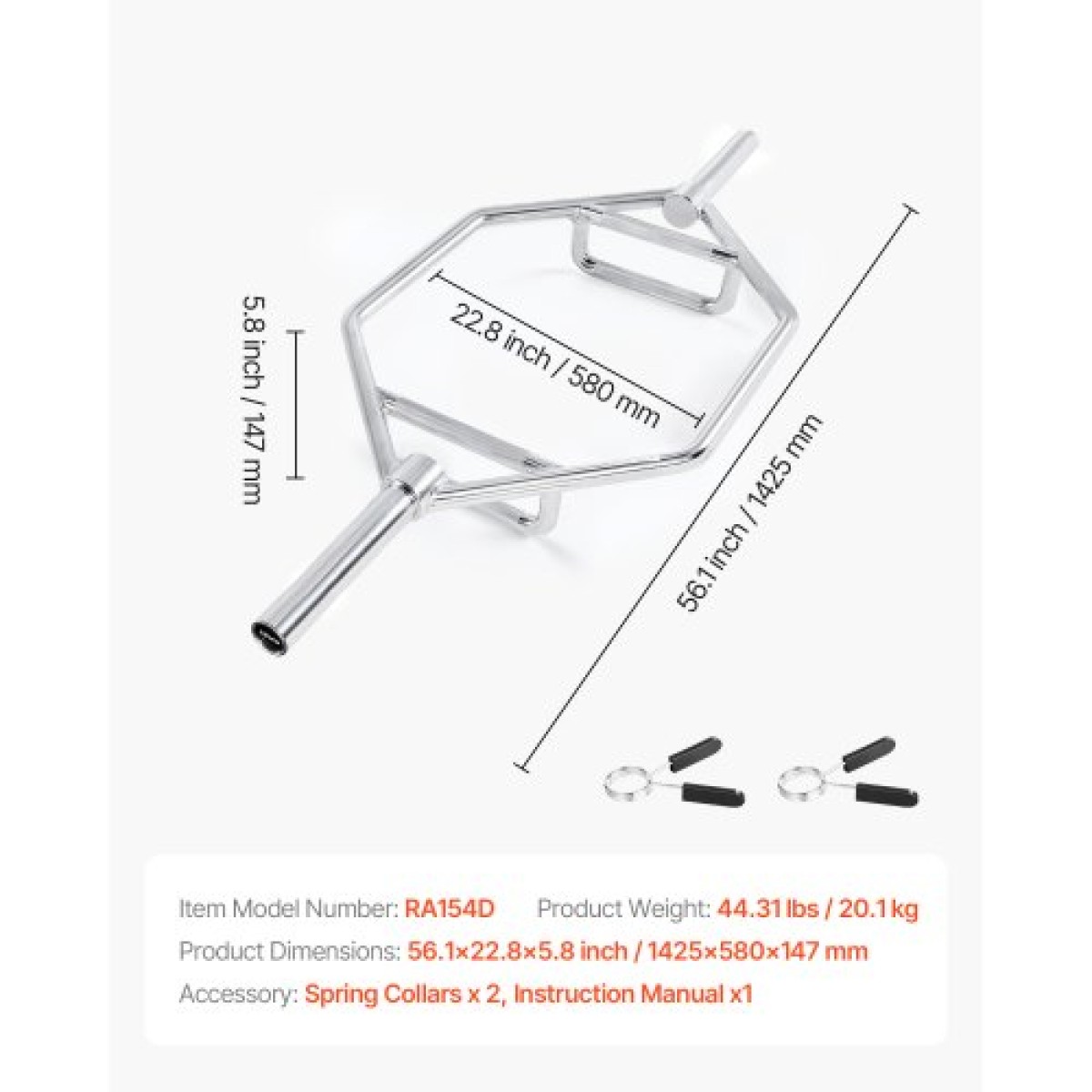 VEVOR Trap Bar Hex Bar, 50mm Hex Barbell, Χωρητικότητα 360 kg Μπάρες ώμου με γωνιώδεις λαβές, εξοπλισμός προπόνησης άρσης βαρών και δύναμης, γυμναστήριο στο σπίτι για squats, Deadlifts, πρέσες ώμων, ασήμι