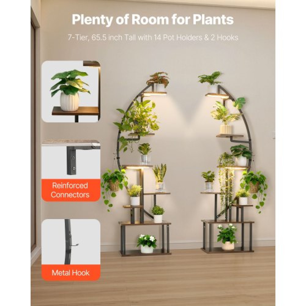 Βάση φυτών VEVOR Indoor with Grow Lights, Φωτιζόμενη ράφι φυτών 7 επιπέδων ύψους 166,5 cm, 2 Pack μεταλλική γωνιακή βάση για φυτά, 3 χρονοδιακόπτη & 10 Brightness, ράφι λουλουδιών σε σχήμα Half-Moon για το σαλόνι