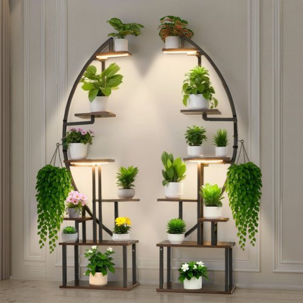 Βάση φυτών VEVOR Indoor with Grow Lights, Φωτιζόμενη ράφι φυτών 7 επιπέδων ύψους 166,5 cm, 2 Pack μεταλλική γωνιακή βάση για φυτά, 3 χρονοδιακόπτη & 10 Brightness, ράφι λουλουδιών σε σχήμα Half-Moon για το σαλόνι