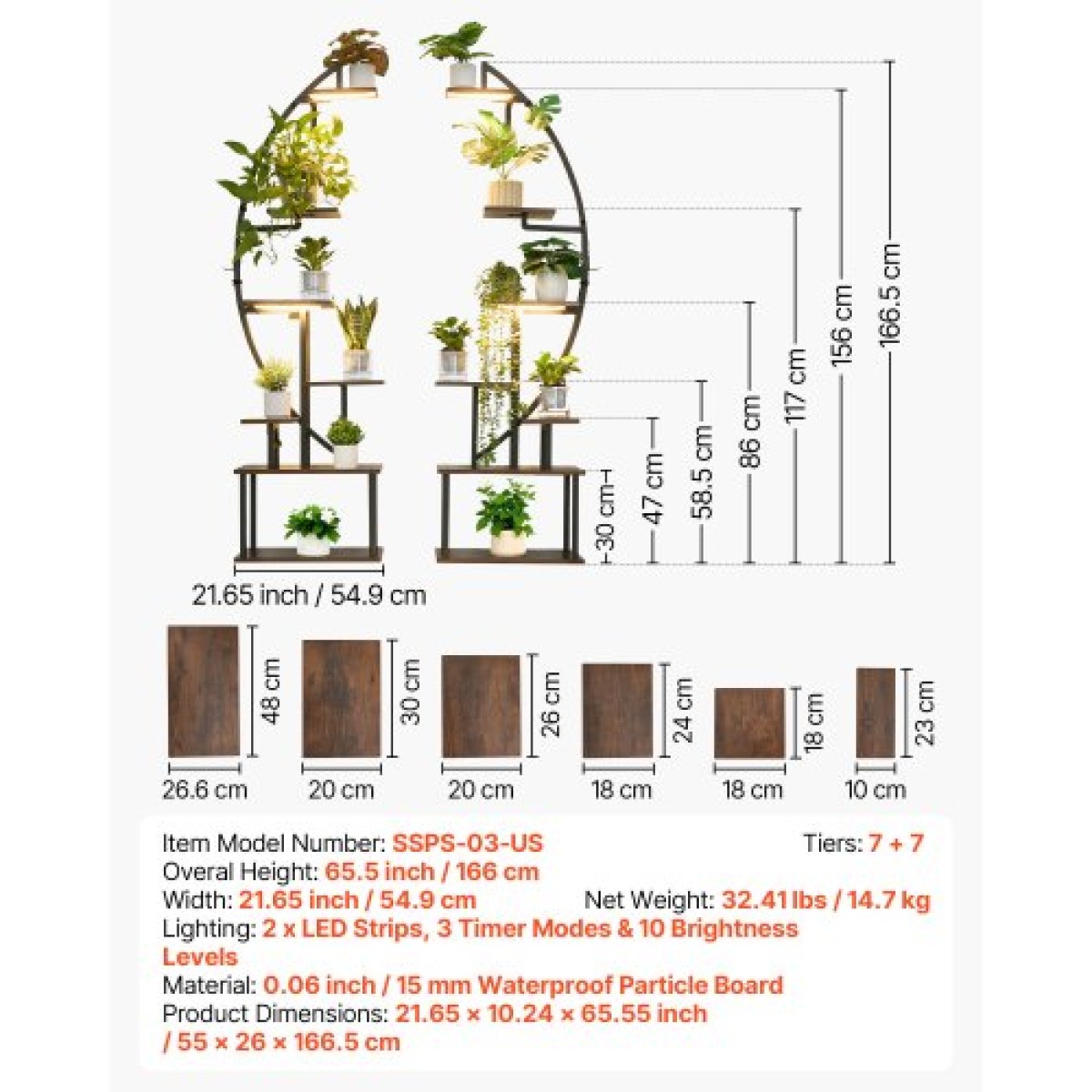 Βάση φυτών VEVOR Indoor with Grow Lights, Φωτιζόμενη ράφι φυτών 7 επιπέδων ύψους 166,5 cm, 2 Pack μεταλλική γωνιακή βάση για φυτά, 3 χρονοδιακόπτη & 10 Brightness, ράφι λουλουδιών σε σχήμα Half-Moon για το σαλόνι