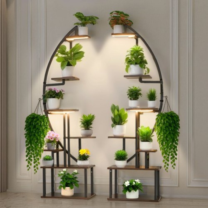 Βάση φυτών VEVOR Indoor with Grow Lights, Φωτιζόμενη ράφι φυτών 7 επιπέδων ύψους 166,5 cm, 2 Pack μεταλλική γωνιακή βάση για φυτά, 3 χρονοδιακόπτη & 10 Brightness, ράφι λουλουδιών σε σχήμα Half-Moon για το σαλόνι